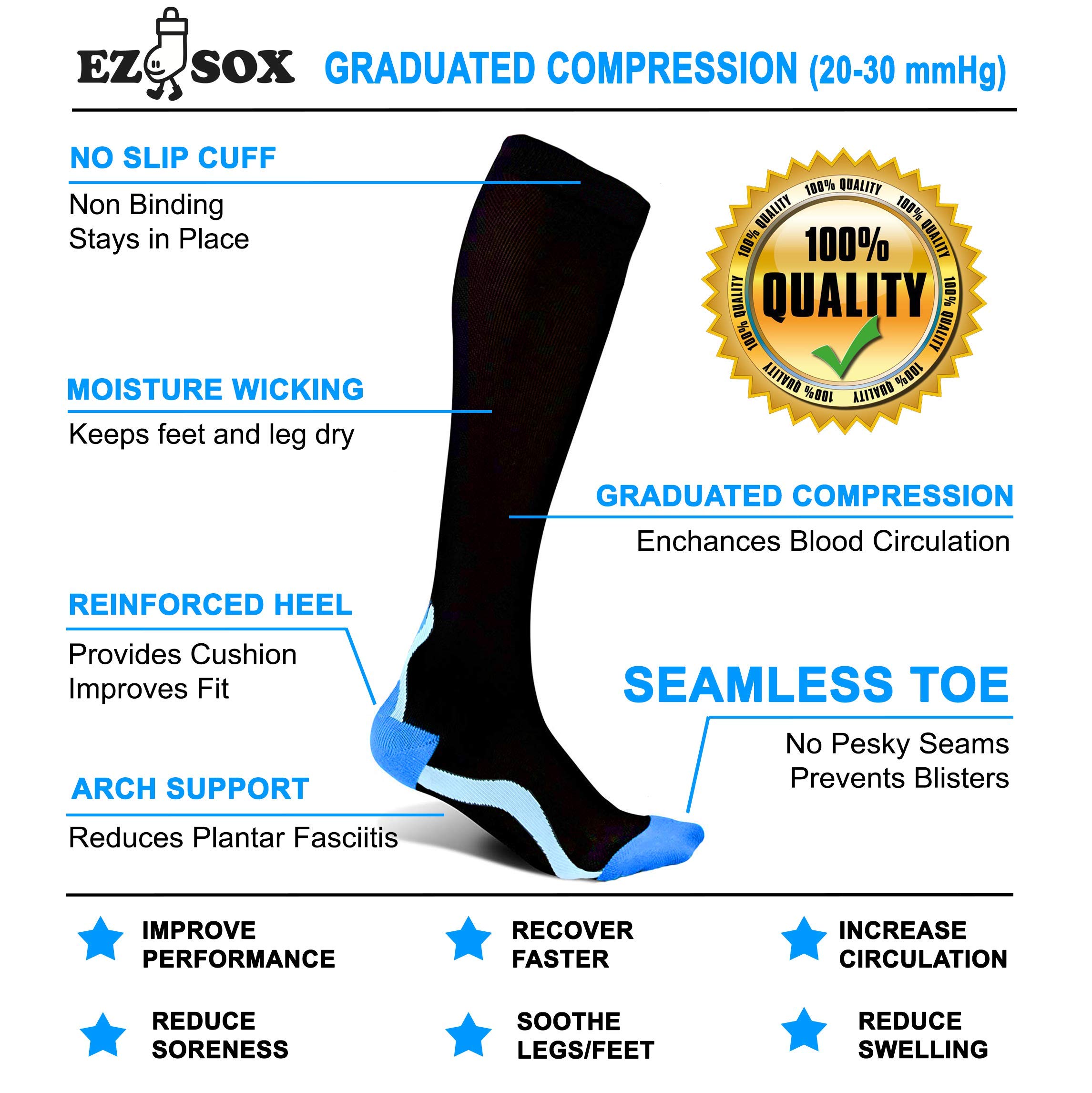 Ez Sox 20-30 mmHg Compression Socks for Men & Women - Seamless Toe Design for All-Day Comfort - Perfect for Travel, Running & Circulation Support