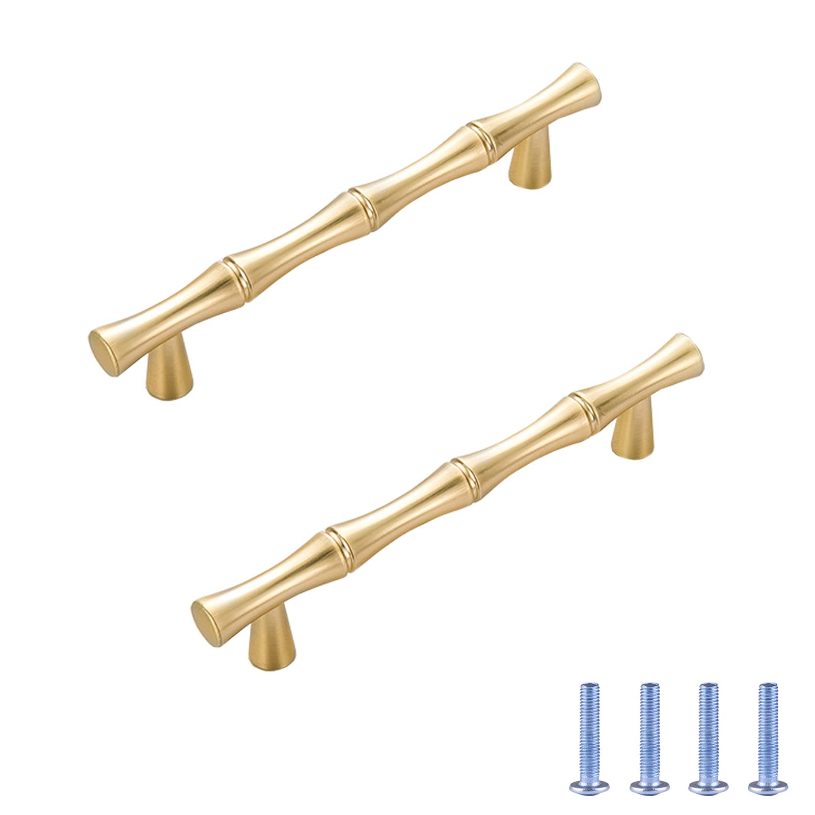 Gold Bamboo Cabinet Pulls - 96mm Zinc Alloy Drawer Handles (2 Pack) for Kitchen & Wardrobe