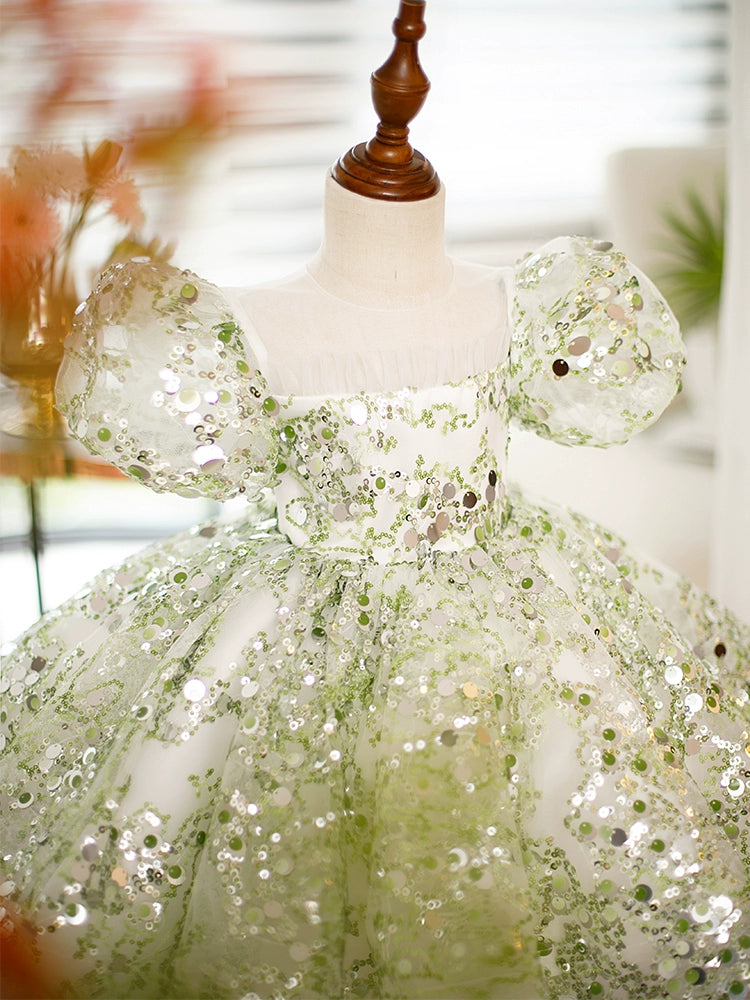 Green Princess Round Sequined Flower Girl Dress for Weddings, Pageants & Special Occasions
