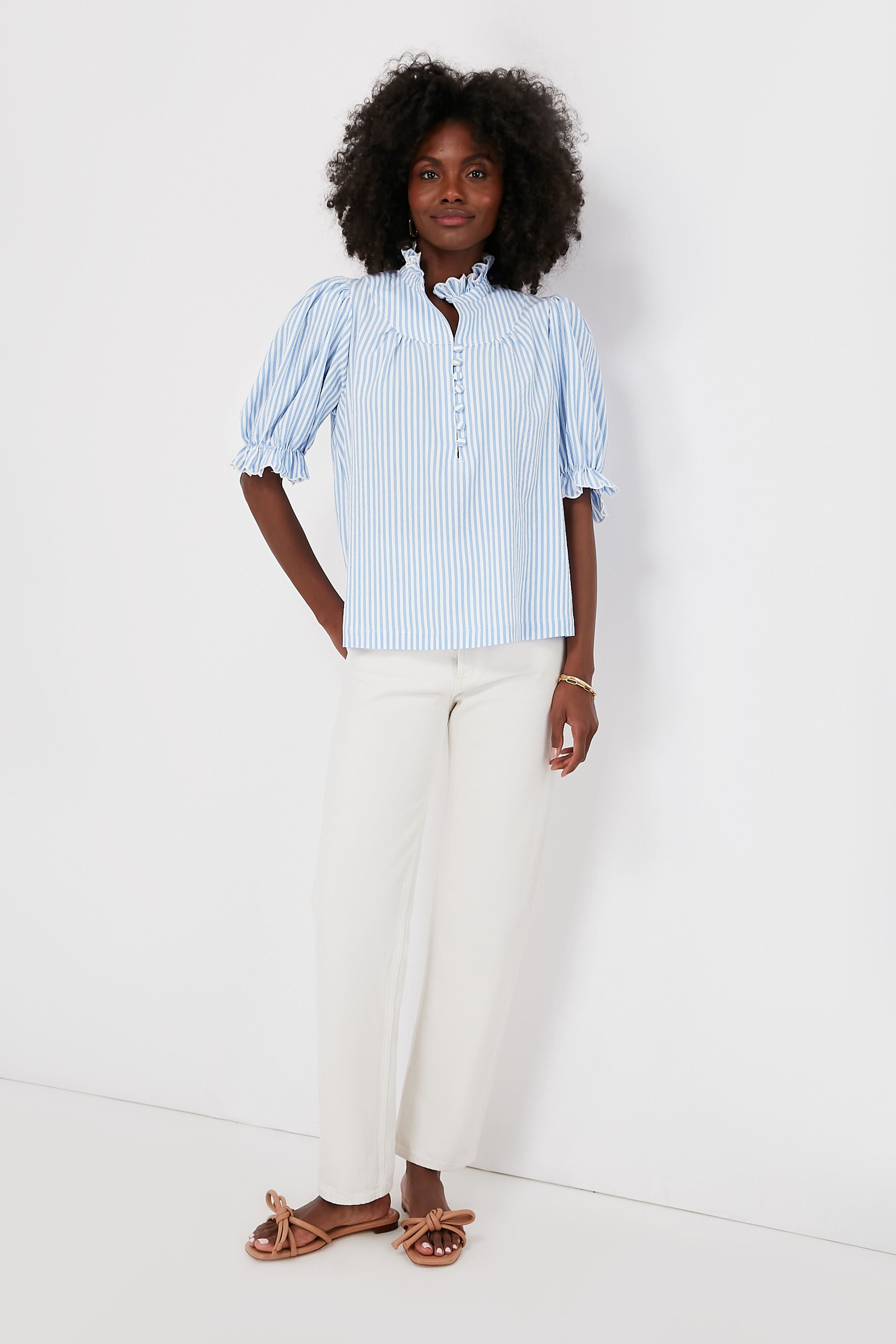 Blue Stripe Selena Blouse Women's Fashion Top - Elegant Casual Wear for Office, Dating & Party Outfits
