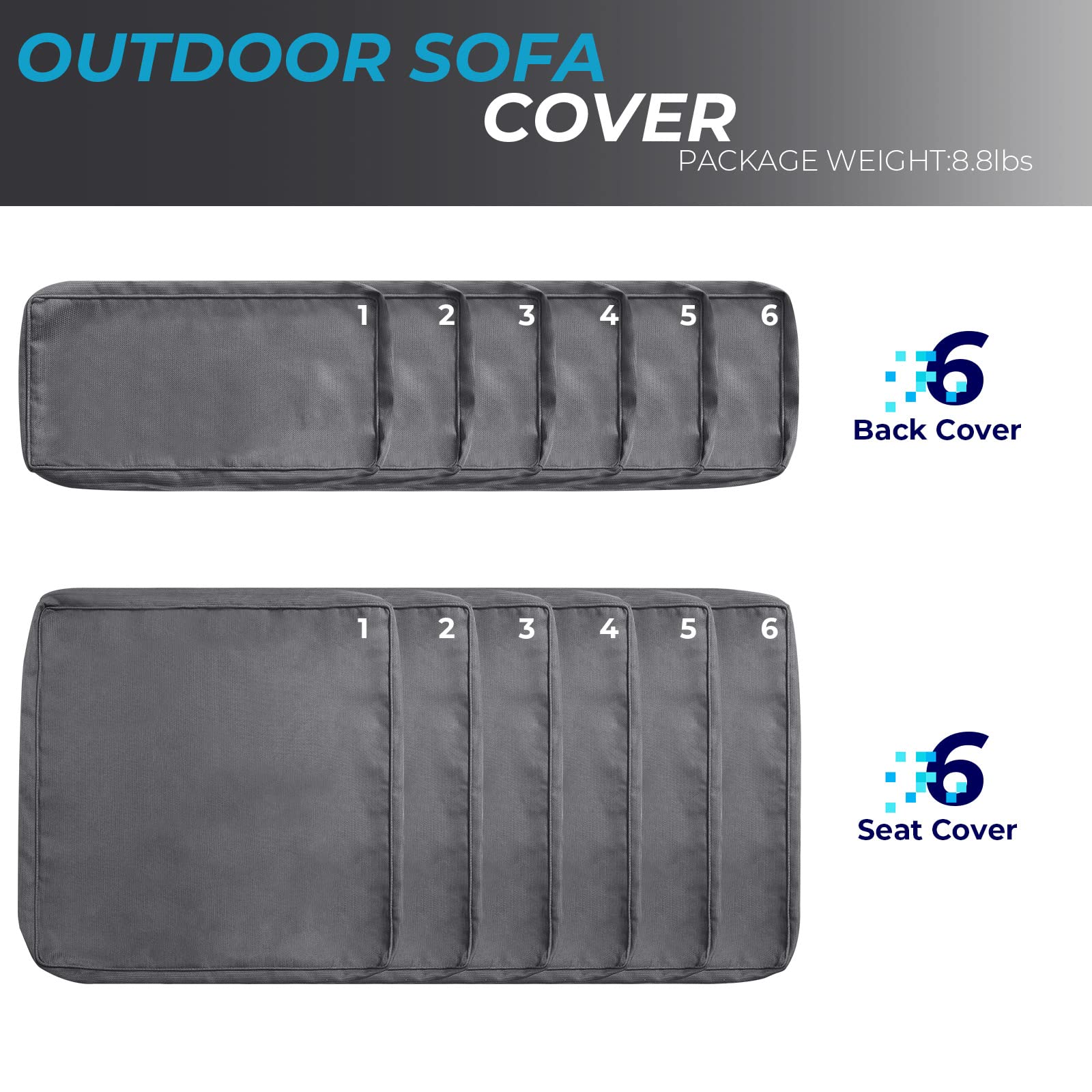 12-Piece Outdoor Patio Cushion Covers Set - Waterproof Replacement Slipcovers for Patio Furniture (6 Seat & 6 Back Covers with Zipper) - Durable Grey Sofa Couch Covers for Outdoor Use - Perfect for Garden, Deck, Poolside & Backyard Relaxation