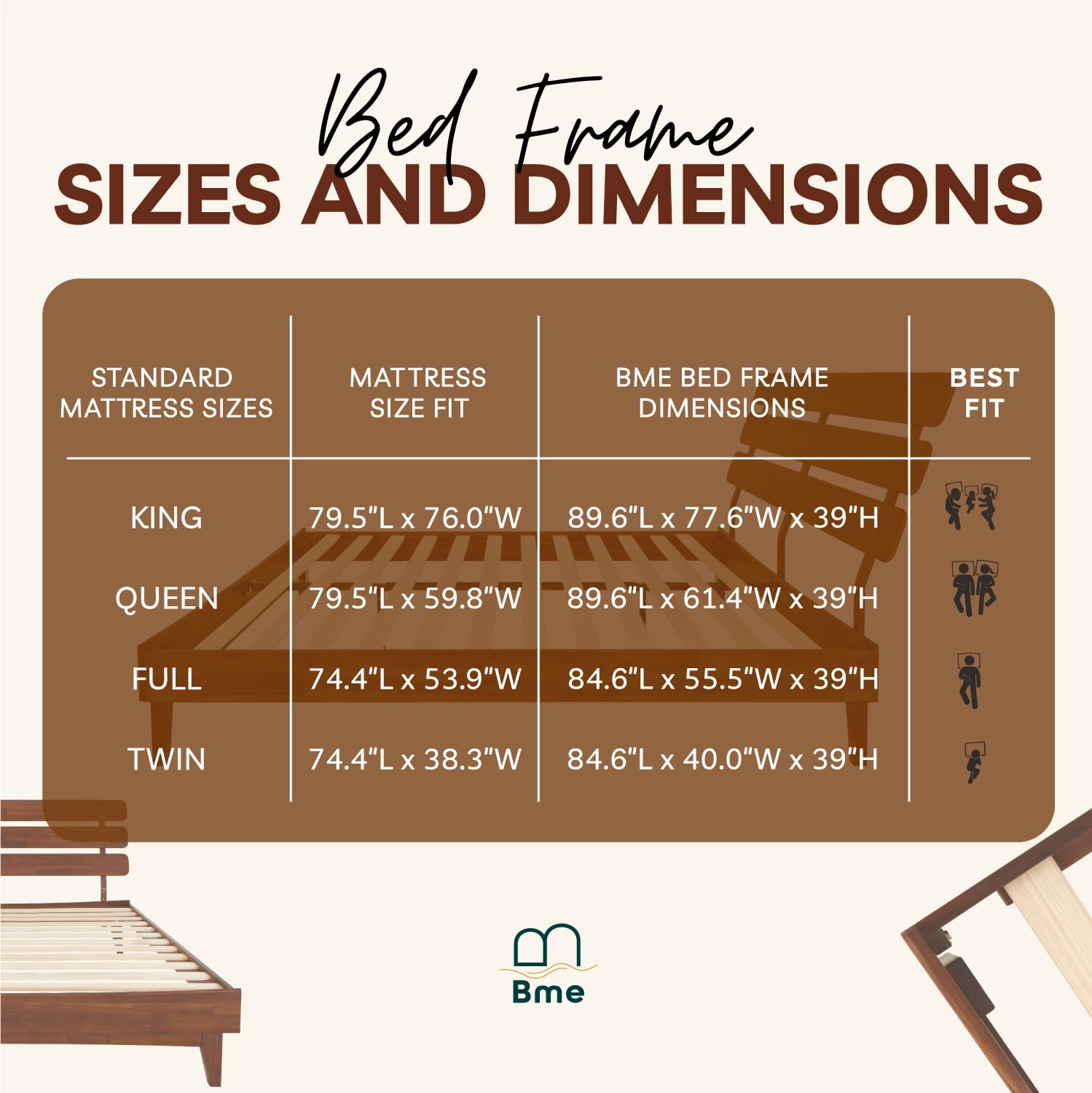Bme Caden 15 Inch Deluxe Bed Frame with Adjustable Headboard - Mid Century Modern Retro Style Acacia Wood Platform Bed - No Box Spring Needed - 12 Strong Wood Slat Support - Easy Assembly - Dark Chocolate Finish - Full Size Bed for Master Bedroom, Guest Room & Apartment