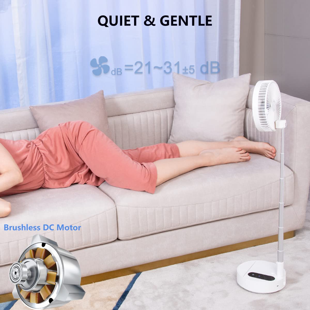 Portable Telescopic Floor Fan with Remote Control - 10000mAh Rechargeable USB Standing Fan, Adjustable Height & 4 Speed Settings, Ultra Quiet for Office, Bedroom, Camping & Outdoor Use