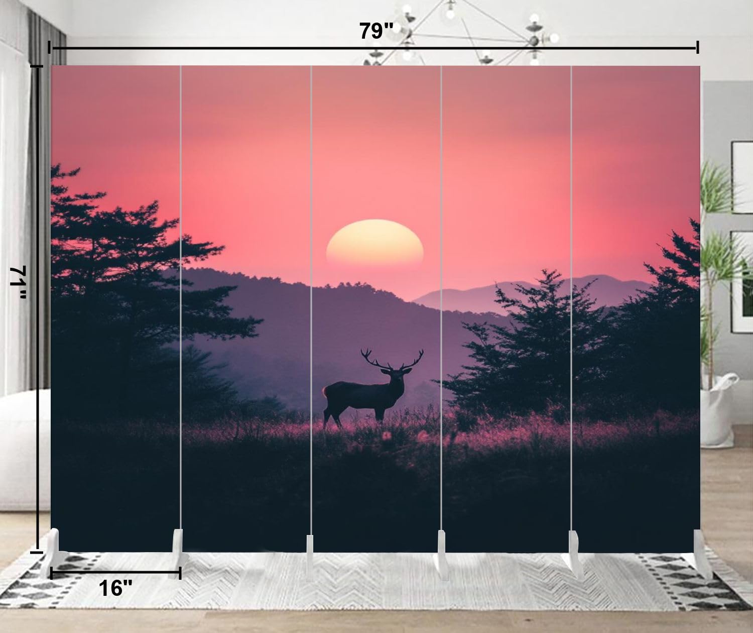 5-Panel Folding Room Divider with Deer Silhouette - Nature Inspired Canvas Screen for Home & Office - Freestanding Privacy Partition for Living Room, Bedroom, Yoga Studio & Workspace