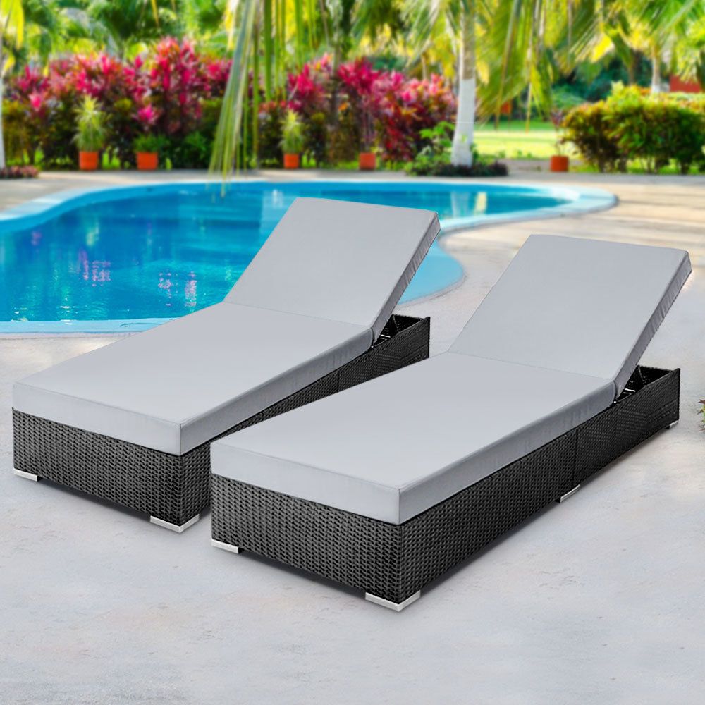 Gardeon Sun Lounge Wicker Lounger Set of 2 - Black Rattan Outdoor Daybed Sofa for Patio, Poolside & Garden Relaxation