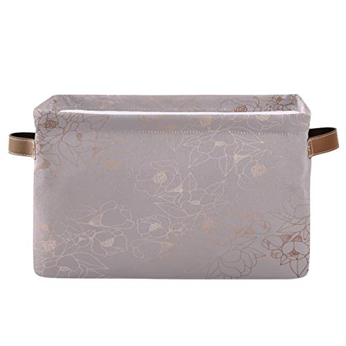 Rose Gold Floral Collapsible Storage Basket with PU Handles - Waterproof Nursery & Laundry Organizer (2 Pack) - Perfect for Baby Room, Bathroom, Closet & Home Decor