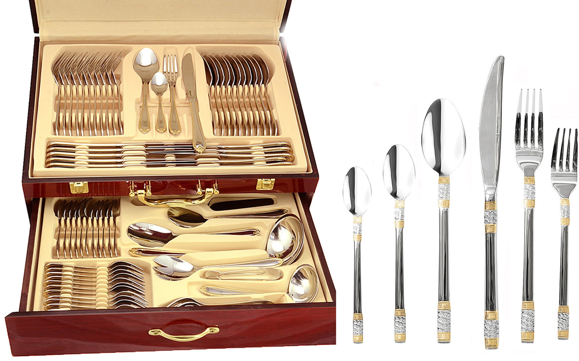 Luxor 75-Piece Flatware Set - Premium 18/10 Stainless Steel Silverware with 24K Gold Accents - 12-Person Dining Set with Wooden Storage Case - Elegant Tableware for Formal Dinners, Weddings & Holiday Entertaining
