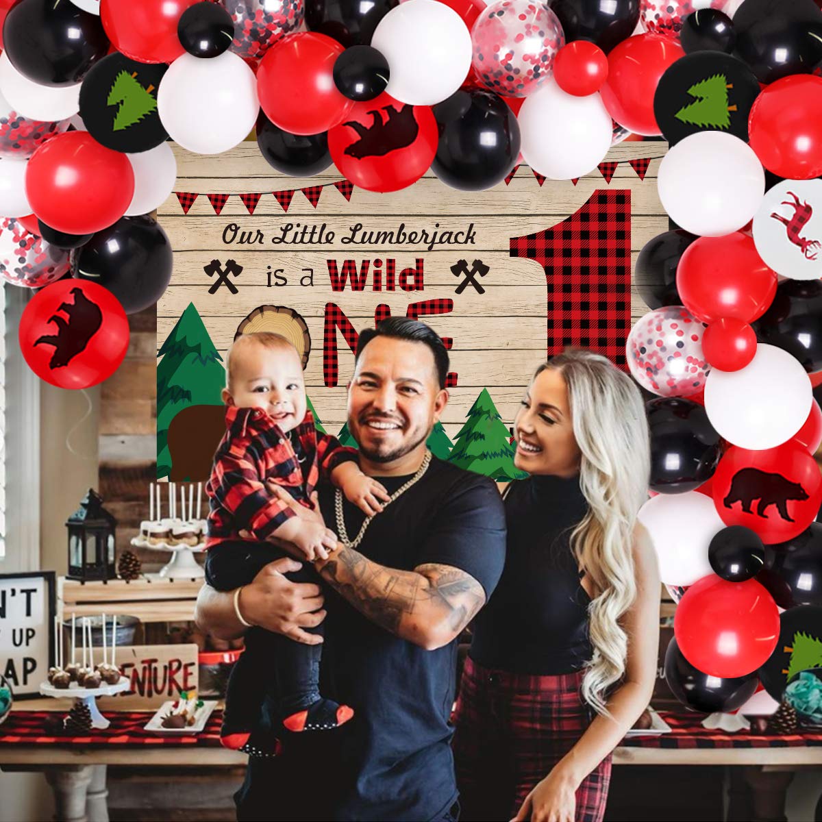 Lumberjack Balloon Garland & Buffalo Plaid Backdrop - 1st Birthday Party Decorations for Boys | Wild One Theme, Photo Booth Props, Baby Shower & Gender Reveal Party Supplies