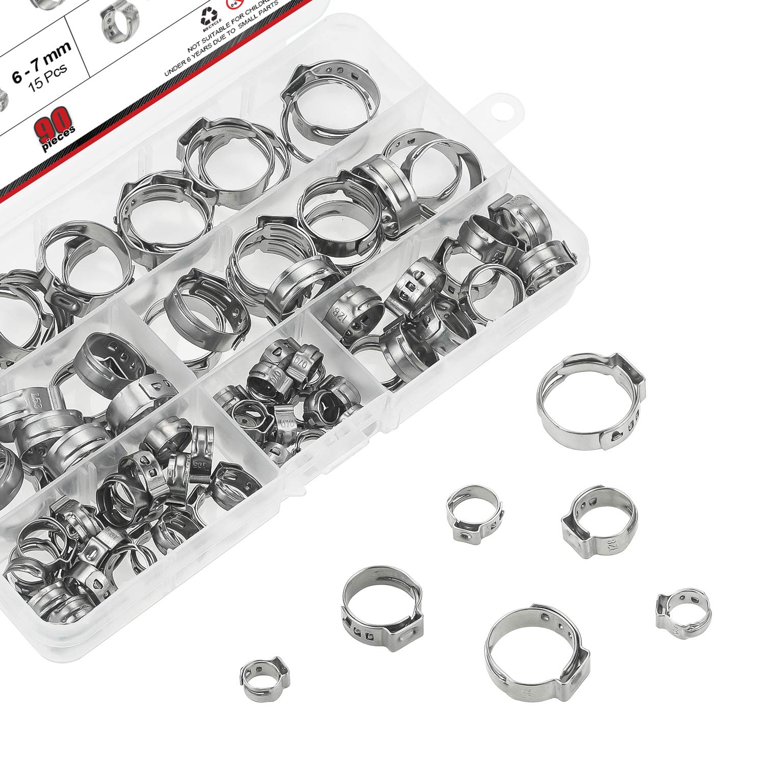 DYWISHKEY 304 Stainless Steel Single Ear Hose Clamps with Pincers Kit (90 PCS) - Heavy Duty Clamps for Automotive, Plumbing, and Industrial Applications