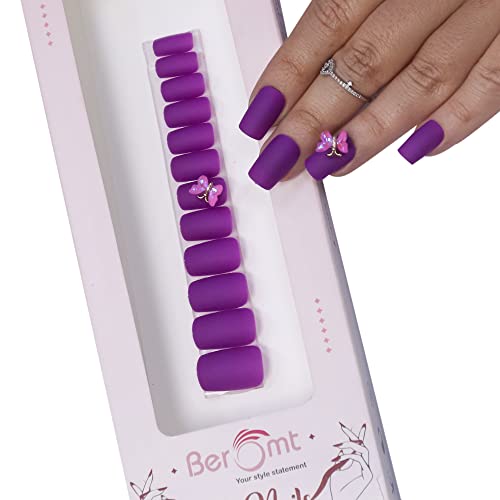 Beromt 12PCS False Nails - Butterfly Charm French Tip Artificial Nails with Glue Tabs, Glossy Full Cover Medium Round Fake Nails for Women & Girls (BFNC05BFC) - Perfect for Parties, Weddings, and Special Occasions