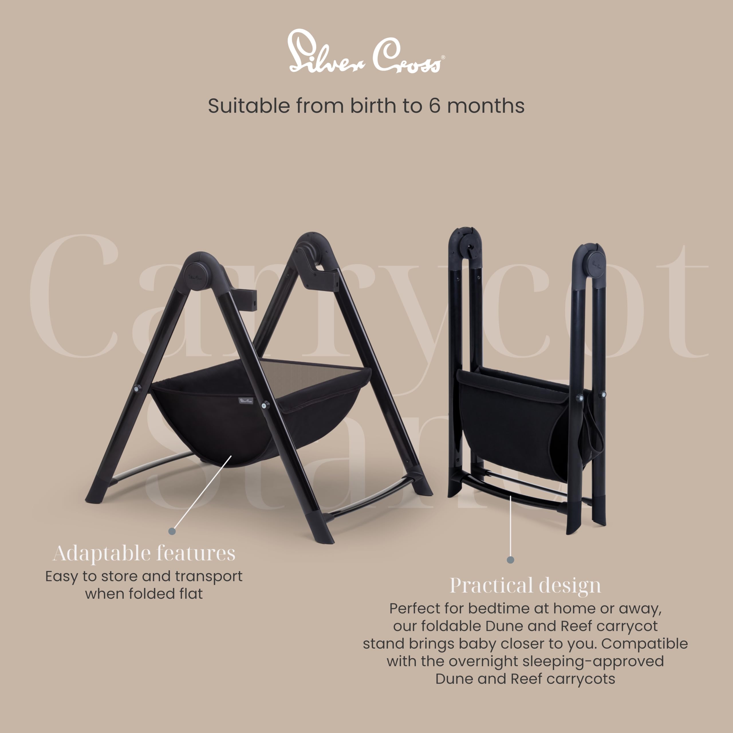 Silver Cross Dune & Reef Bassinet Stand - Portable Foldable Baby Bassinet with Storage Basket, Lightweight Travel Crib for Newborns - Perfect for Nursery, Bedroom & Travel - Black
