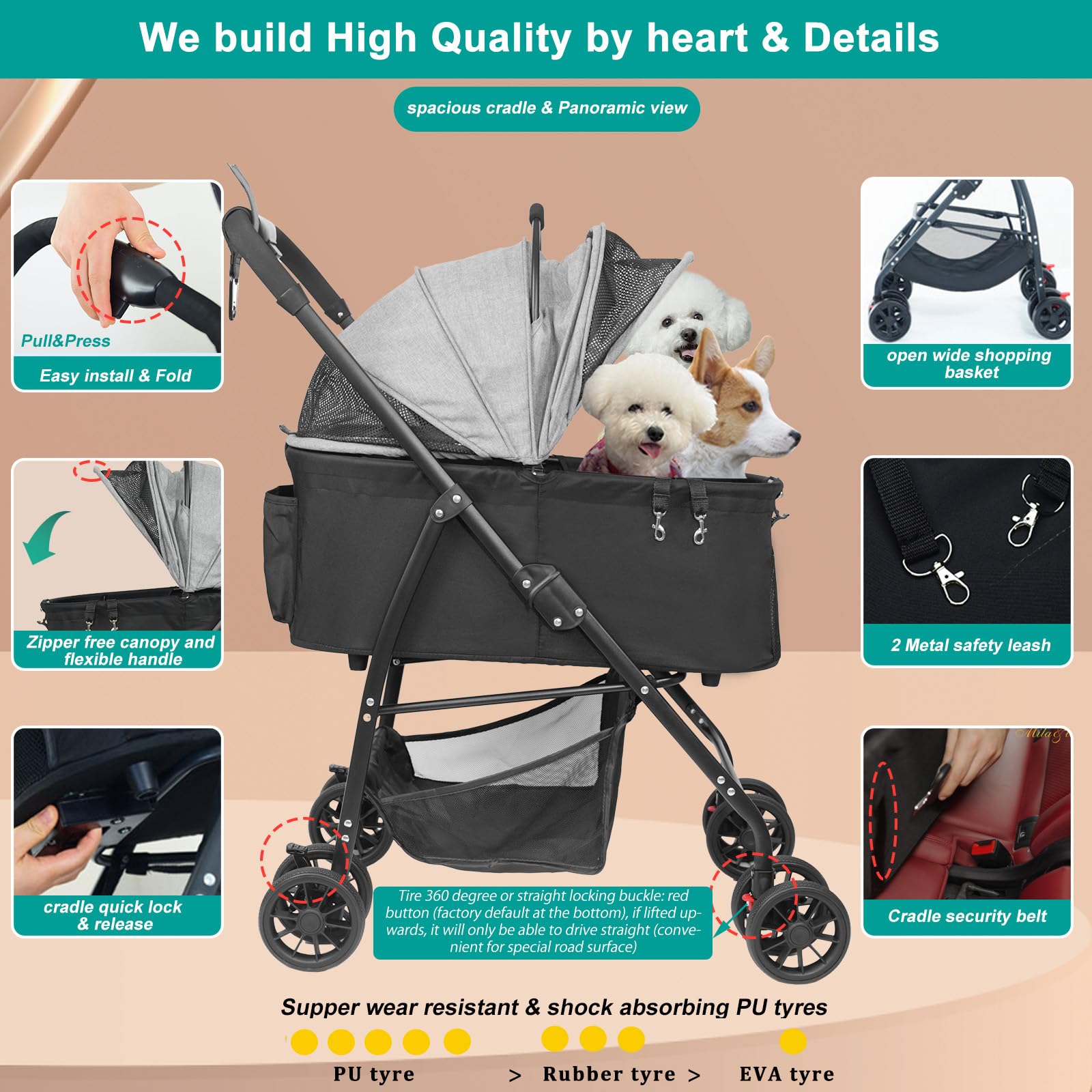 MILA&LOUIS Medium Dog Stroller with 4 Upgraded Wheels - Lightweight Pet Stroller for Small Dogs, Cup Holder & Hook - Detachable Spacious Cradle for Multiple Pets | Perfect for Park Walks, Vet Visits & Shopping Trips