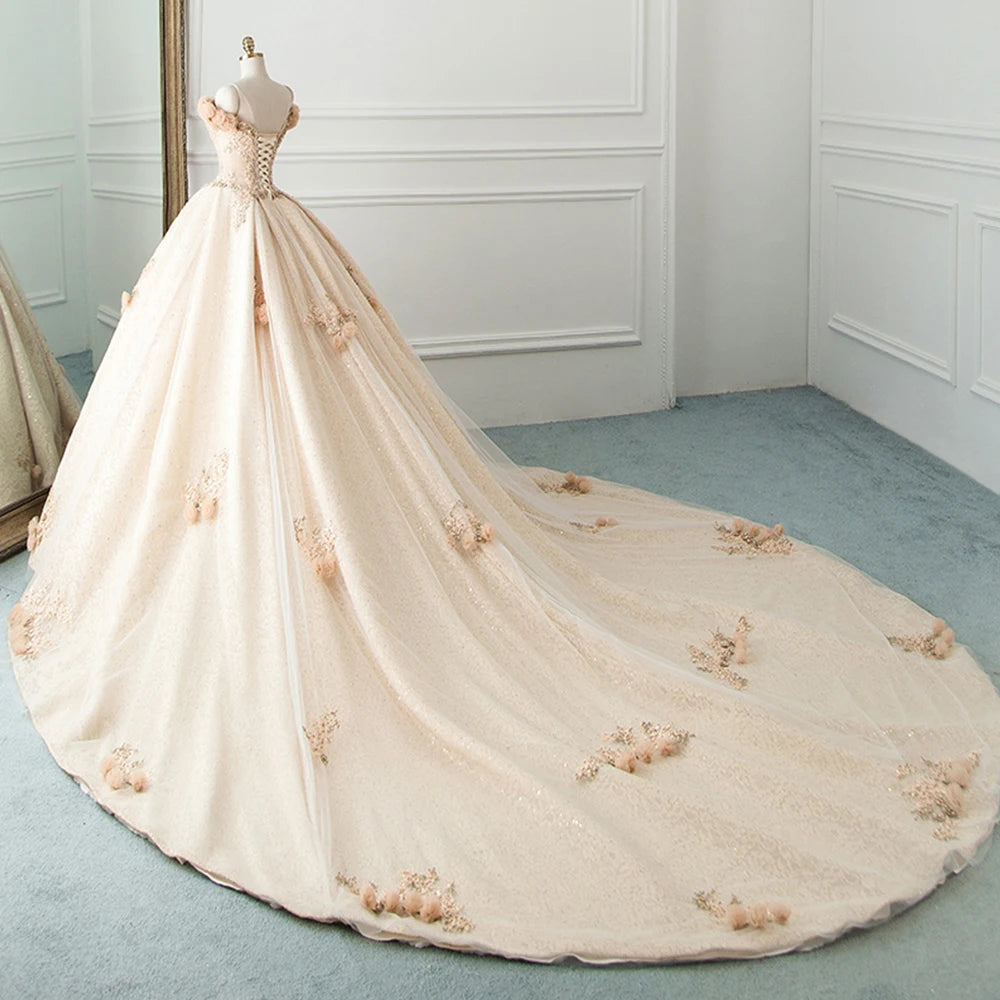 Luxury Handmade Tulle Ball Gown A-Line Wedding Dress with Floral Appliques - Perfect for Bridal, Prom, and Formal Occasions