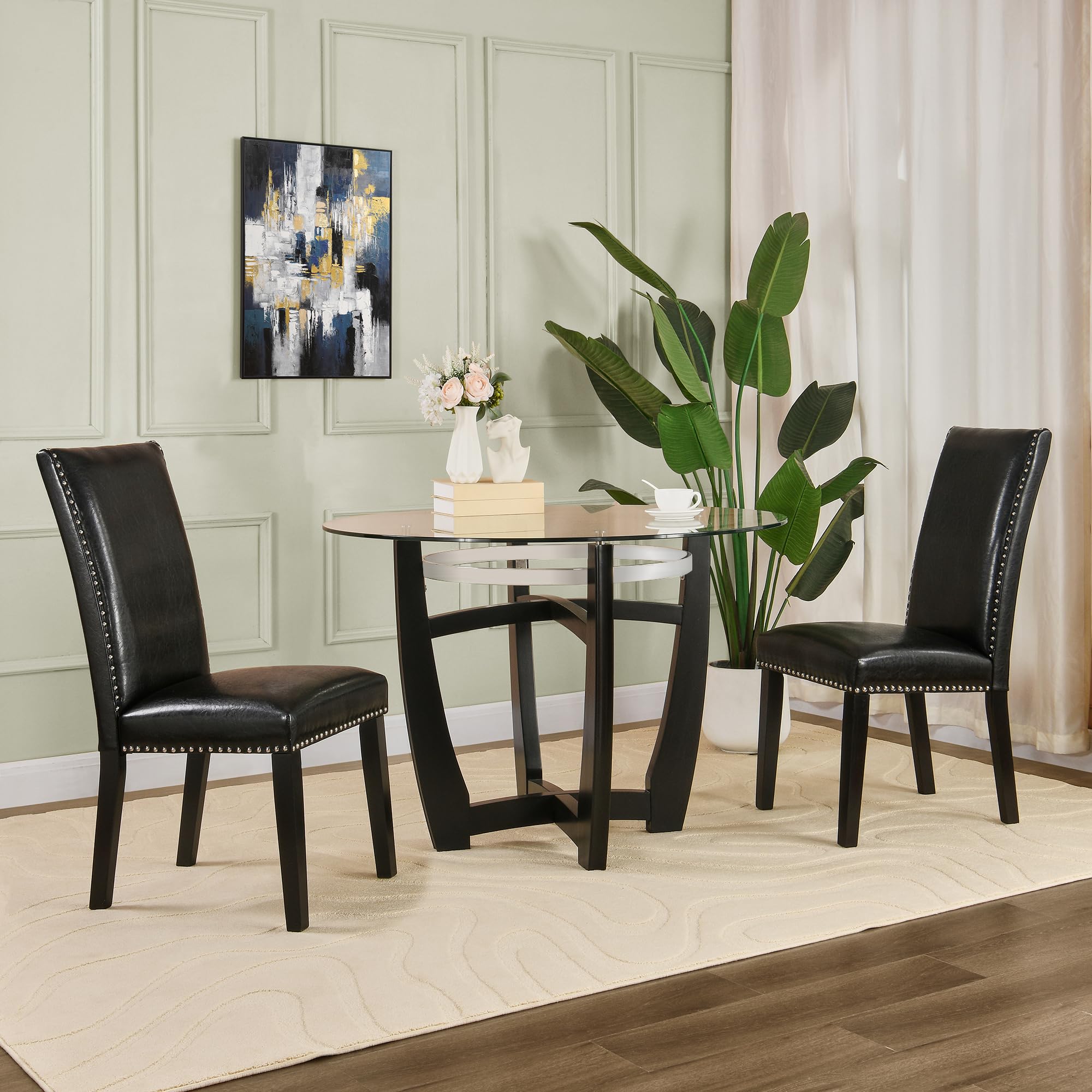LEEMTORIG Set of 2 Upholstered Parsons Dining Chairs - Faux Leather Kitchen Side Chairs with Nail-Head Trim for Dining Room, Living Room, Bedroom, Outdoor Lounge, Guest & Cafe - Midnight Black CY-1122-BK | Perfect for Home Decor, Restaurant Seating & Patio Furniture