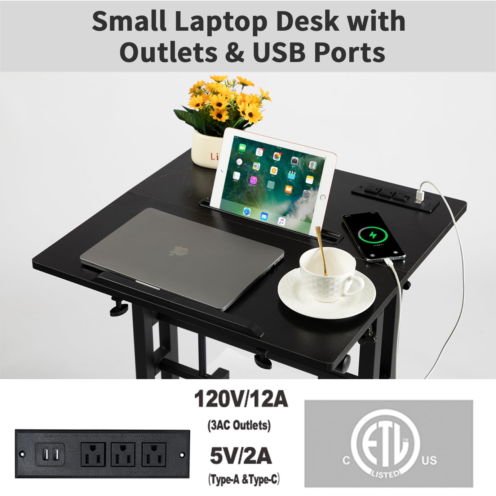Hadulcet Adjustable Mobile Standing Desk with USB Charging Station - Rolling Laptop Cart with Wheels for Home Office, Classroom & Workspace - Ergonomic Height Adjustable Computer Desk (Black) - Perfect for Remote Work, Online Classes & Small Spaces