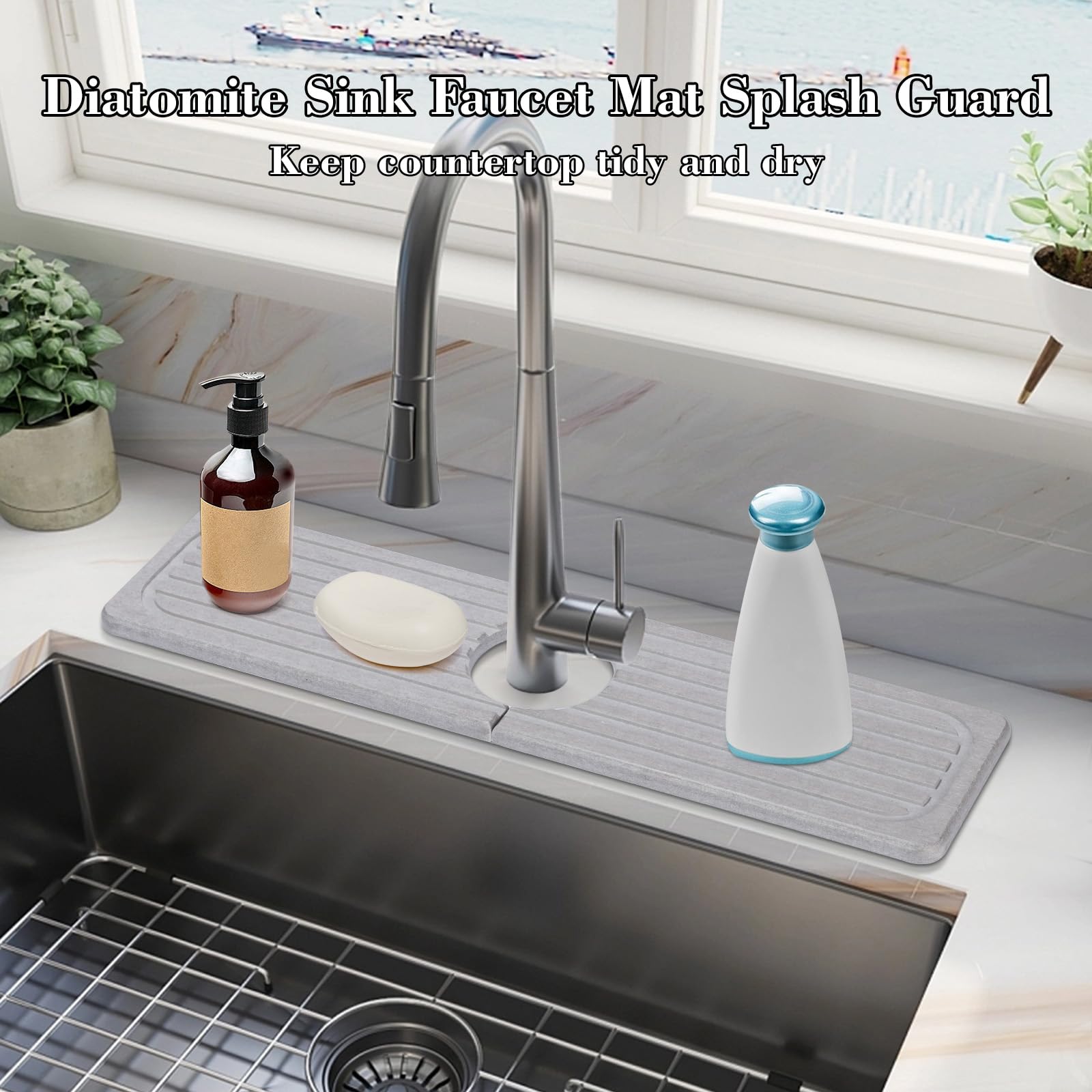 Premium Diatomite Stone Faucet Mat for Kitchen & Bathroom Sink - 15.7x3.9 Inch Quick Dry Non-Slip Counter Mat - Prevents Moisture & Water Spills - Perfect for Dishwashing, Handwashing & Countertop Protection (Gray)