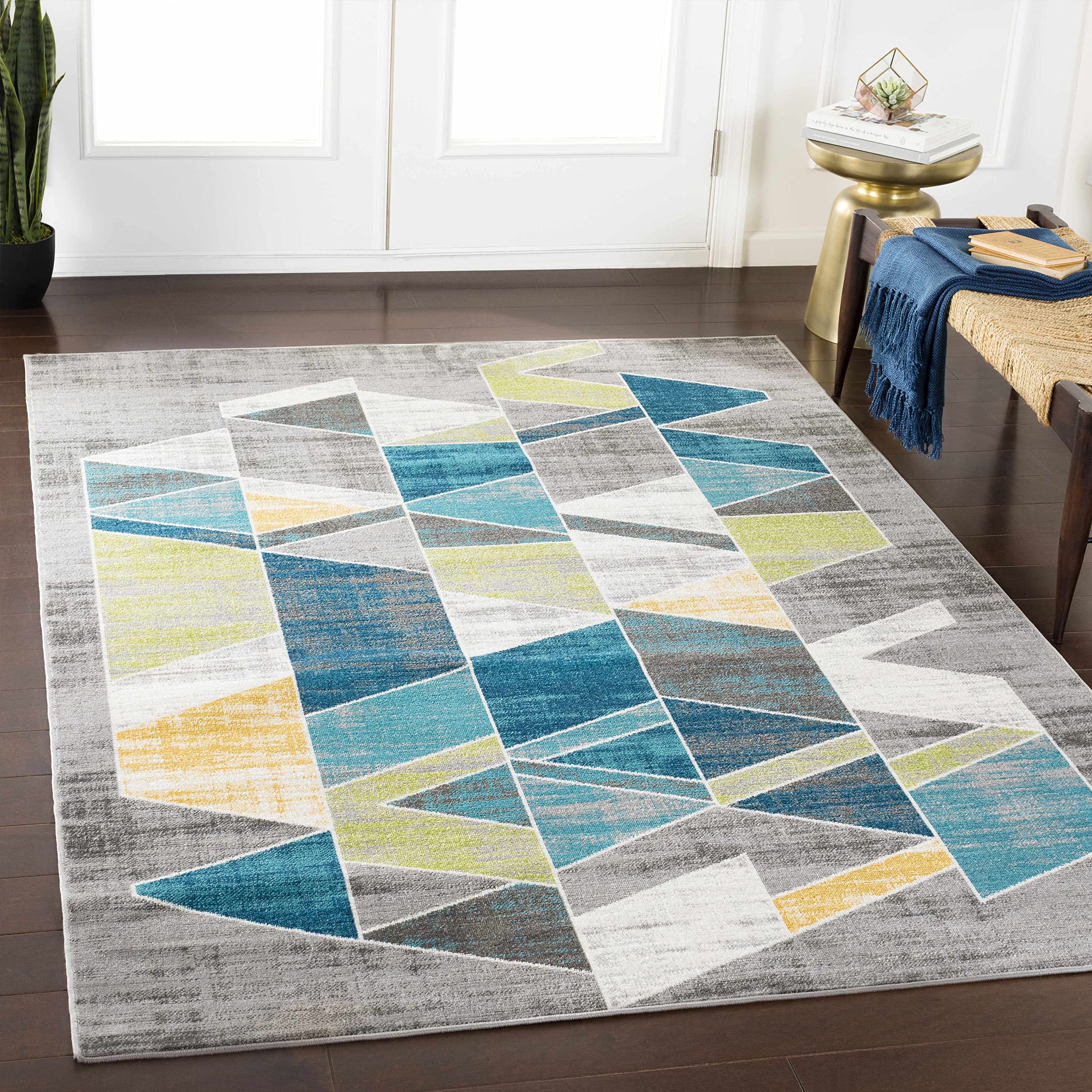 Hauteloom Hessel Modern Area Rug for Living Room & Bedroom - Soft Gray & Green Accent - 2' x 2'11
