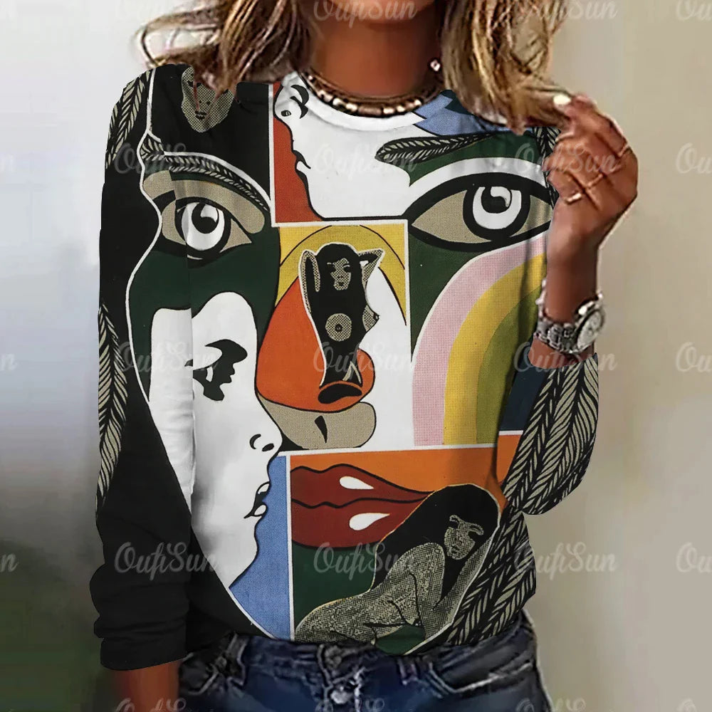 Funny Face Print Women's Long Sleeve T-Shirt | Harajuku Style Gothic Graphic Tee | Oversized Fashion Top for Women & Girls | Perfect for Halloween, Cosplay & Streetwear Outfits