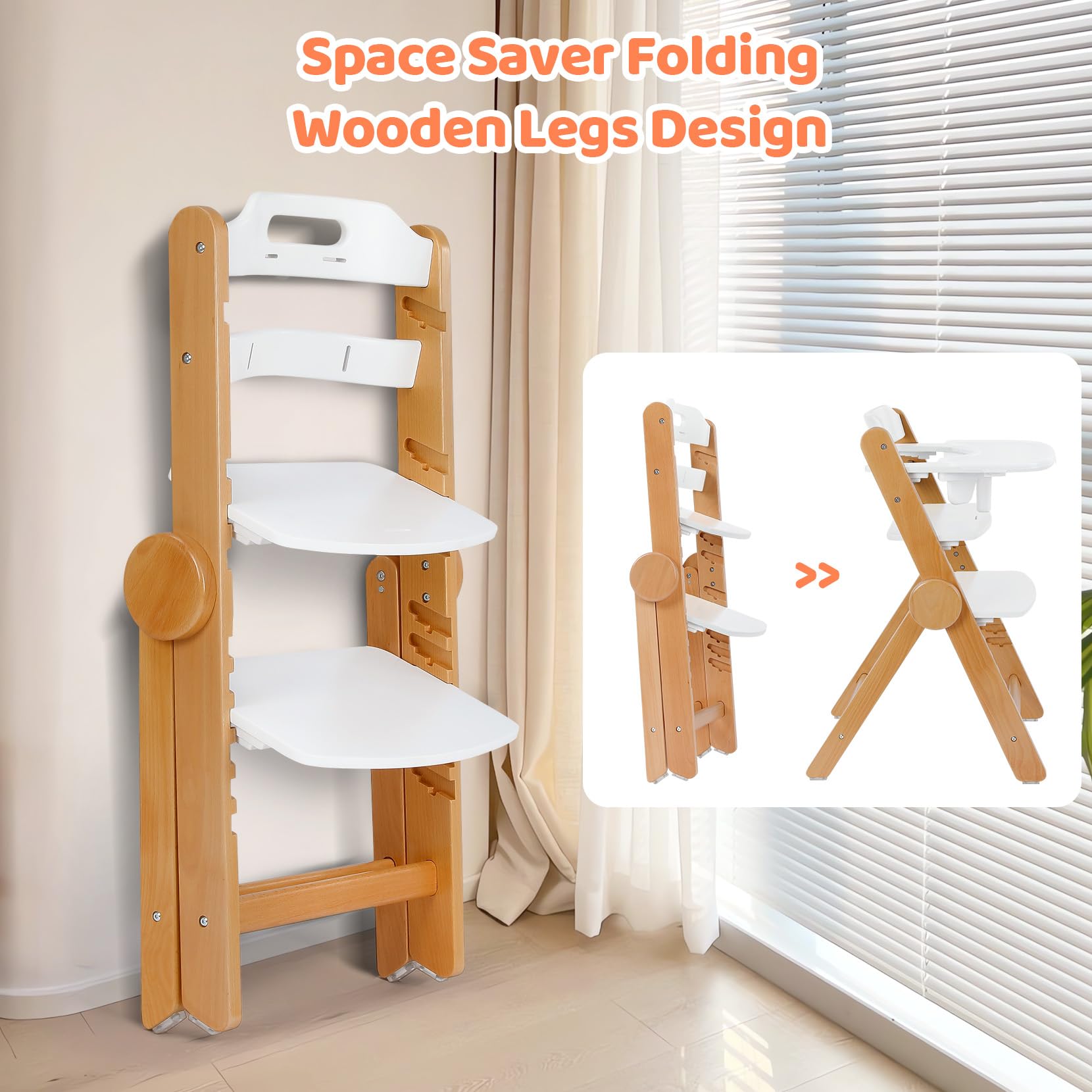 Ezebaby Adjustable Wooden High Chair for Babies & Toddlers - Foldable, Convertible with Cushion & Double Layer Tray - White - Perfect for Dining, Feeding & Learning at Home