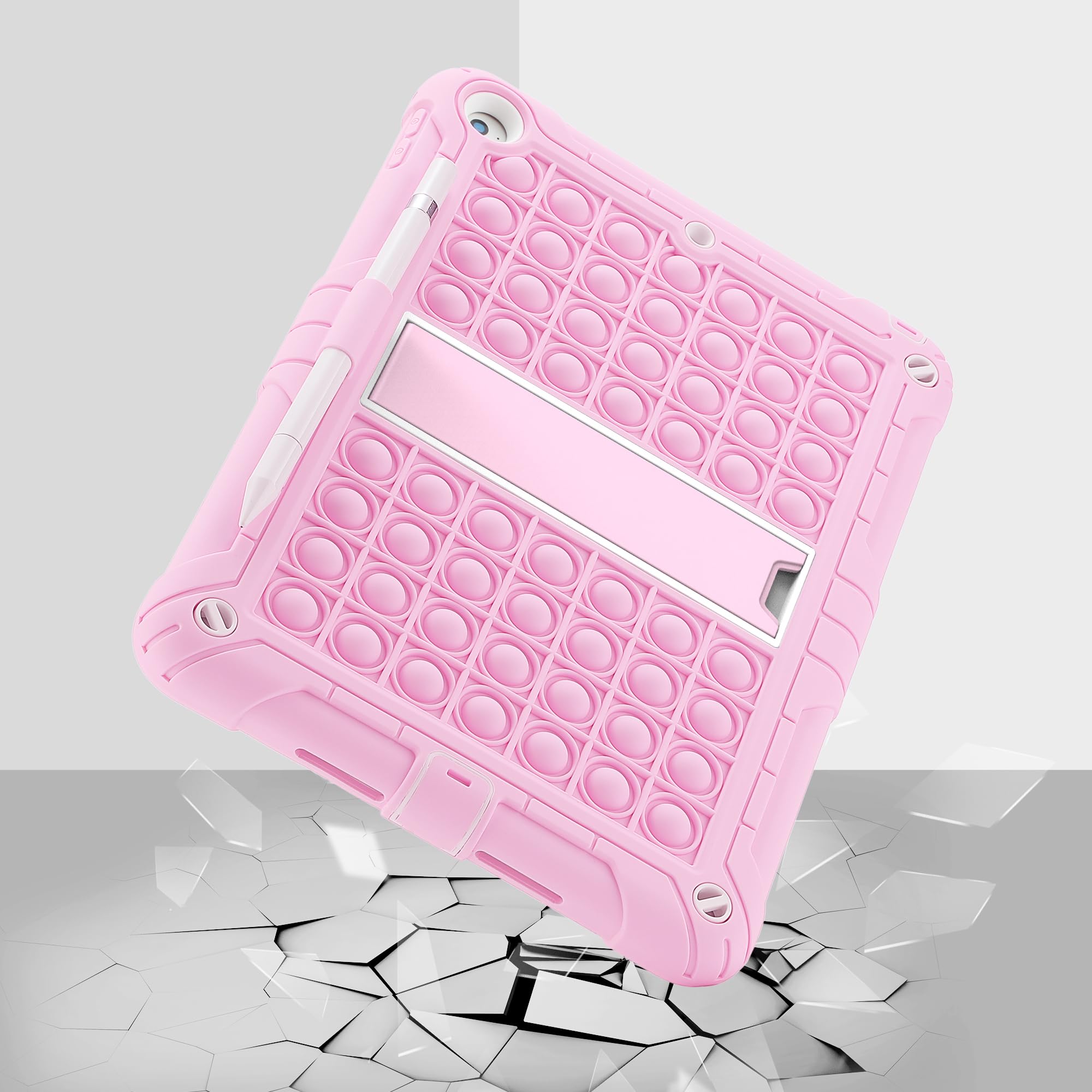 Sensory Fidget Toy Case for iPad 9.7 Inch 5th/6th Generation 2018/2017/Air 1/Air 2/iPad Pro - Shockproof Push Pop Bubble Cover with Pencil Holder, Kickstand & Shoulder Strap (Pink) - Perfect for Stress Relief, Focus & Travel