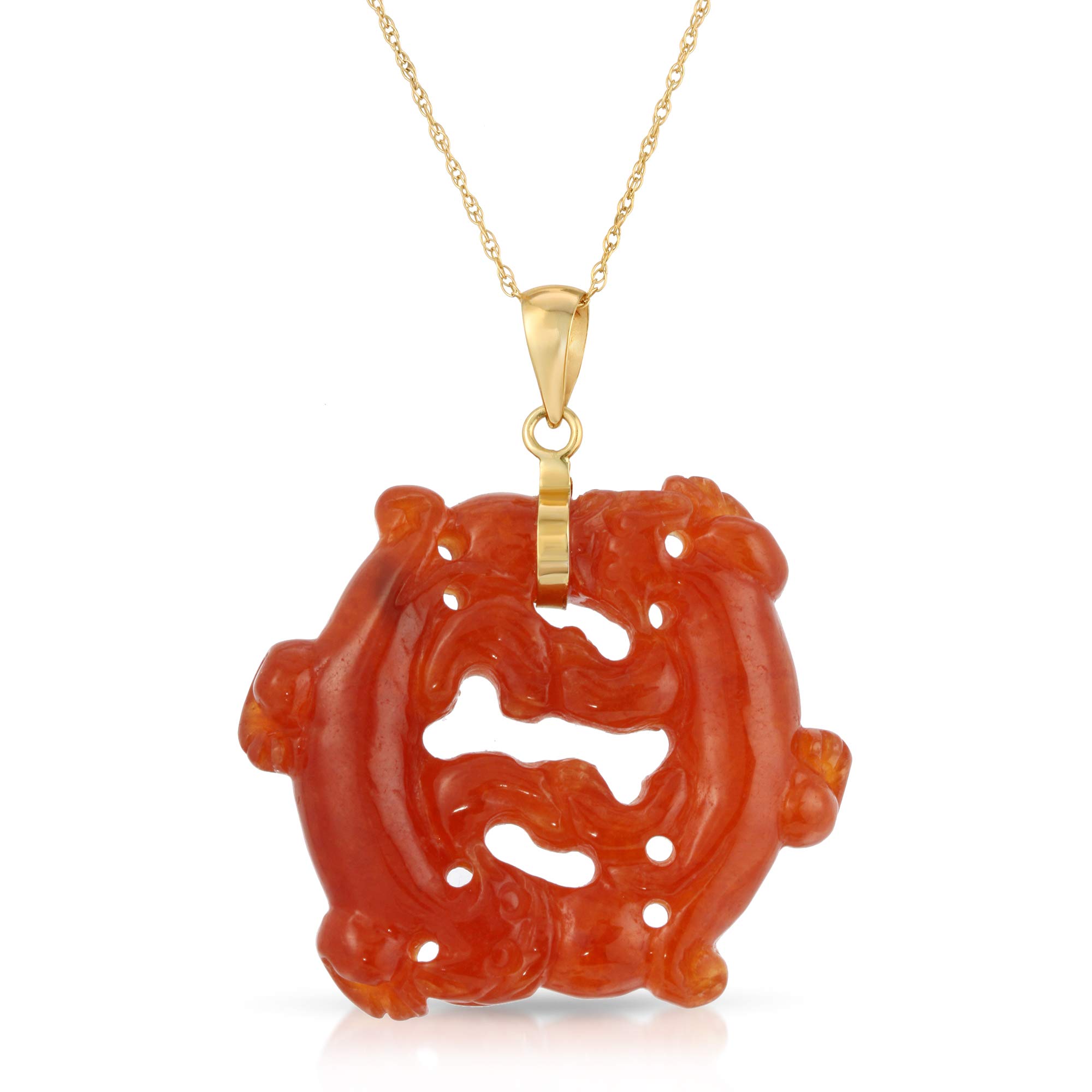 14K Yellow Gold Real Jade Double Dragon Pendant Necklace - 17 Inch Adjustable Chain - Elegant Chinese Jewelry Gift for Women - Perfect for Weddings, Parties & Special Occasions
