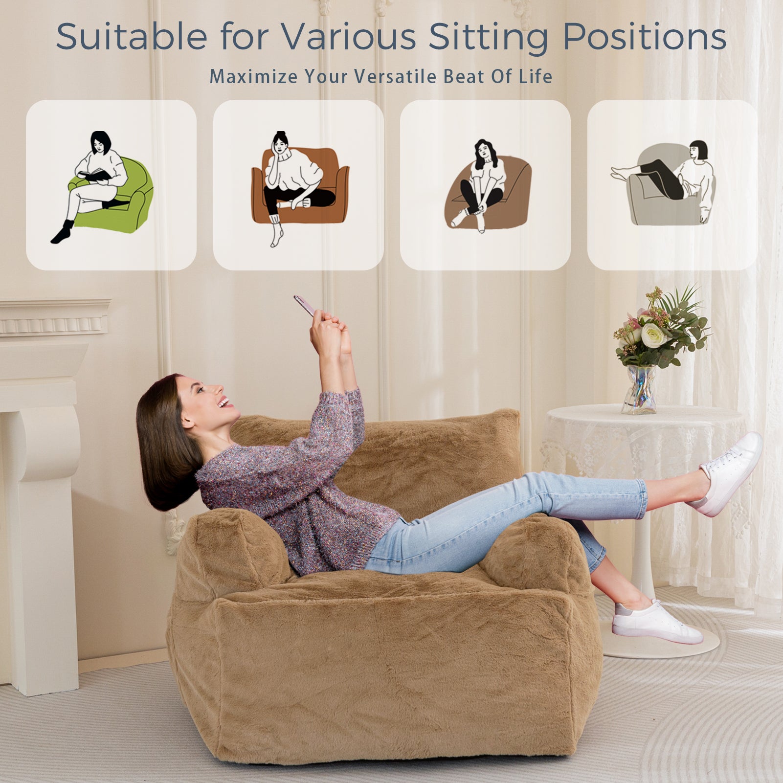 MAXYOYO Giant Bean Bag Chair - Extra Large Faux Fur Stuffed Bean Bag Couch for Living Room, Bedroom & Game Room - Super Soft Khaki Lounger for Adults & Teens - Perfect for Relaxing, Reading & Gaming