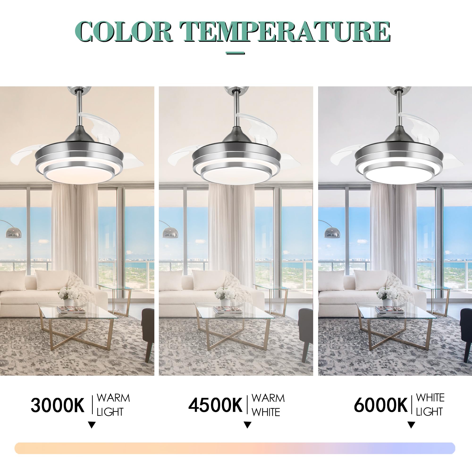 36 Inch Retractable Ceiling Fan with Remote Control - Modern Smart Ceiling Fan with LED Lights, 6 Speed Silent DC Motor, Reversible Blades, 3 Color Temperatures & Timer - Brushed Nickel Finish for Living Room, Bedroom or Office