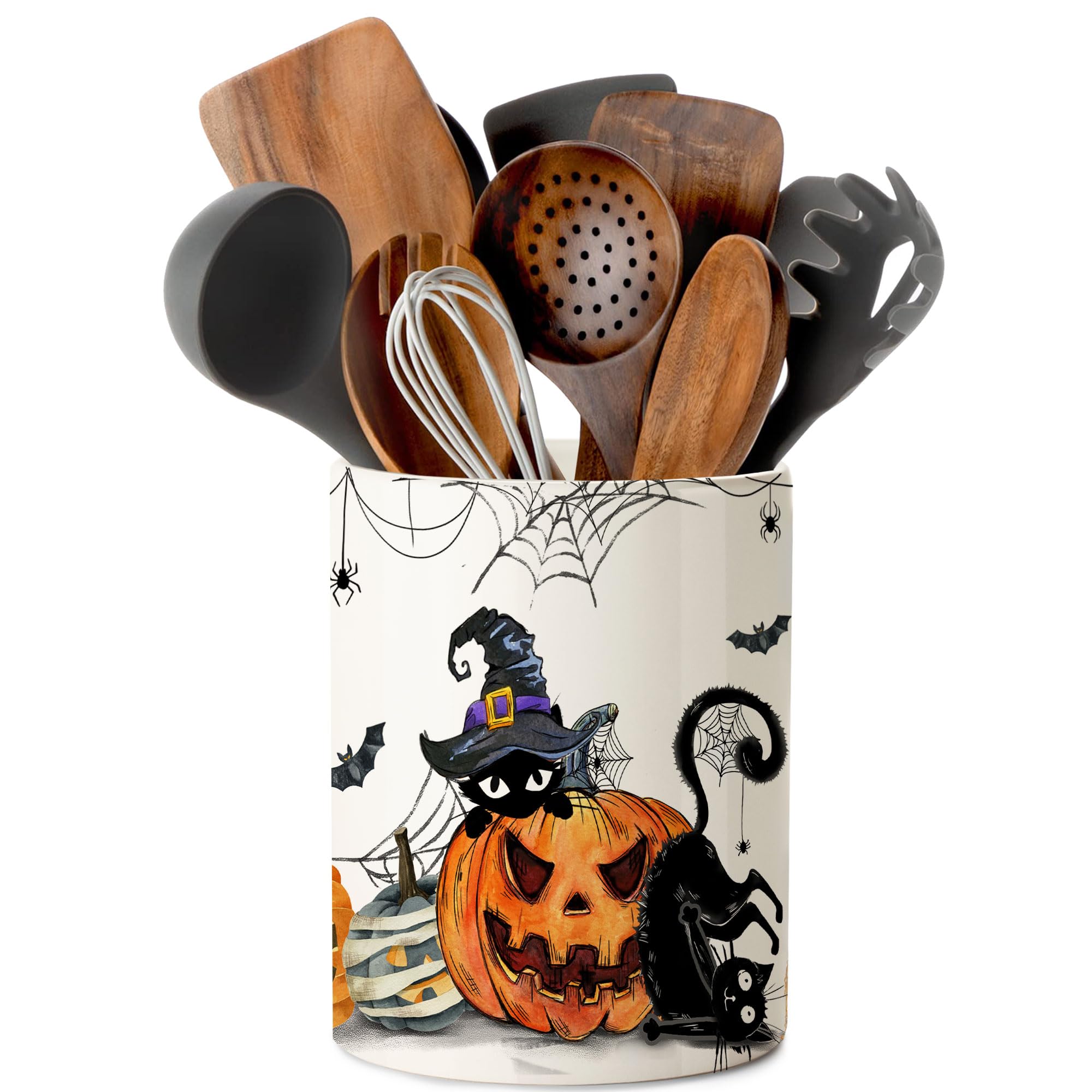 Halloween Ceramic Utensil Holder - 6.5in Cute Farmhouse Kitchen Decor for Halloween, Spooky Kitchen Utensil Organizer - Perfect for Halloween Party, Home Decor & Seasonal Kitchen Storage