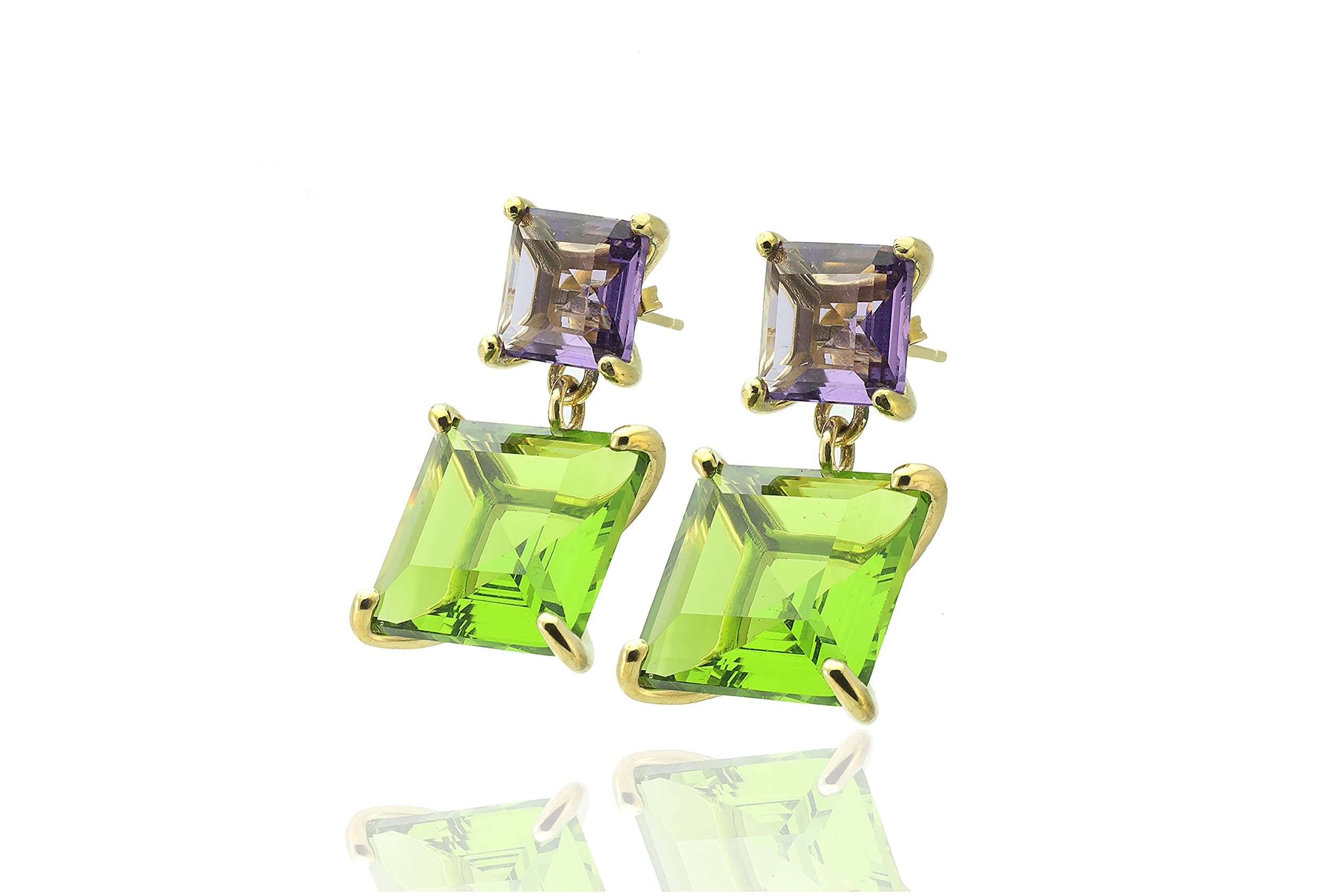 Peridot and Amethyst Birthstone Dangle Earrings for Women - 14K Gold Filled Square Multi-Stone Jewelry | Perfect for Birthdays, Anniversaries & Special Occasions