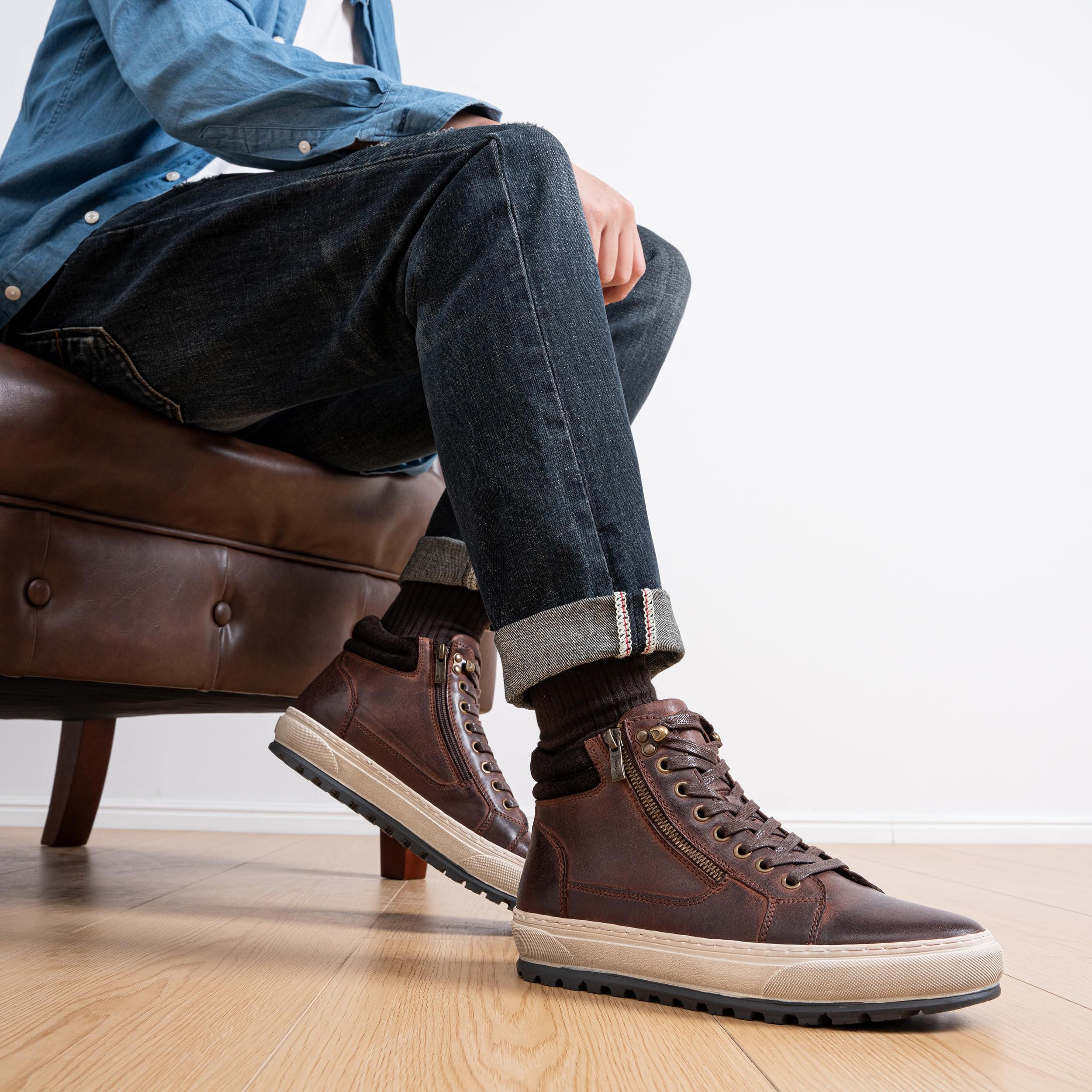 **Jousen Men's Casual Leather High Top Sneakers - Fashionable & Comfortable Shoes for Walking, Running & Daily Wear**