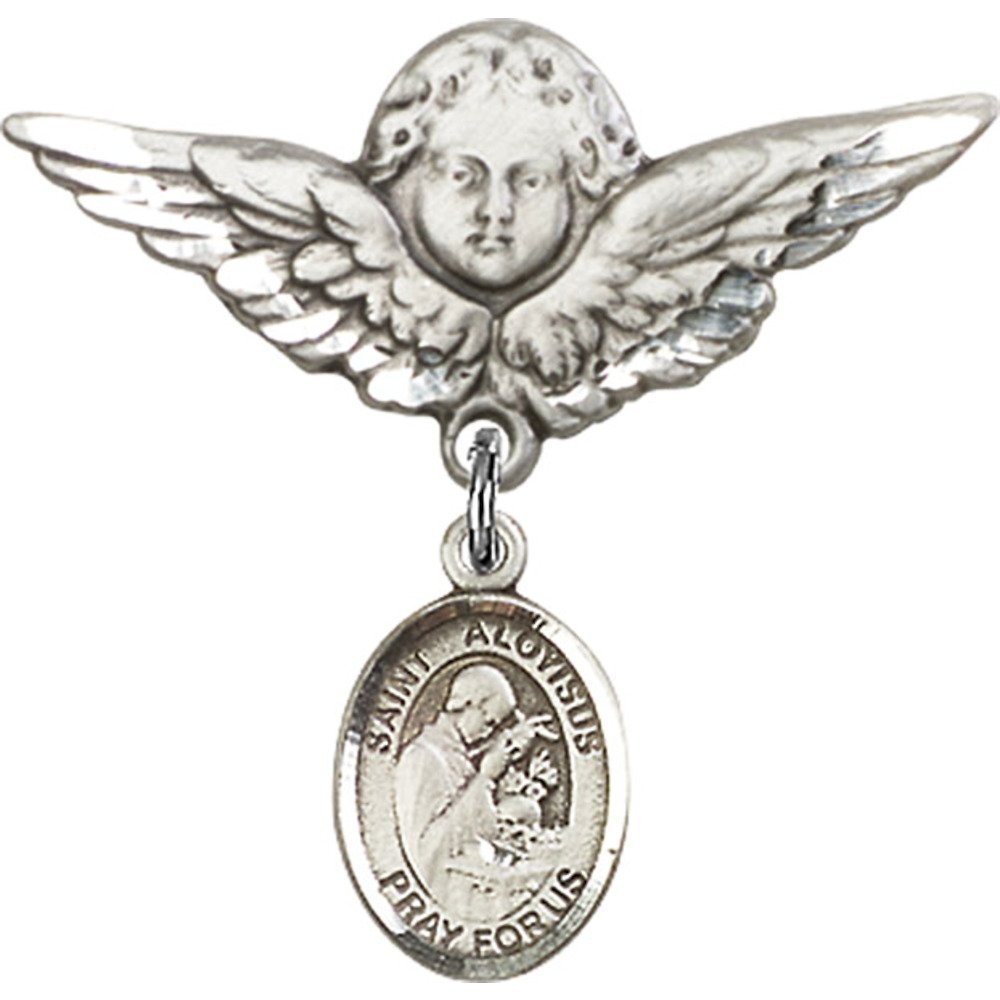 Sterling Silver Baby Badge Pin with St. Aloysius Gonzaga Charm & Angel Wing Pendant - Perfect for Christening, Baptism & First Communion Gifts