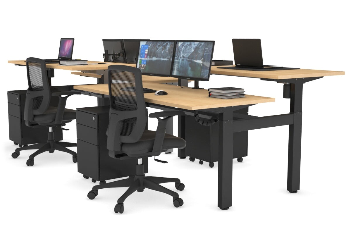 Just Right Height Adjustable 4-Person H Bench Workstation - Black Frame [1400L x 700W] for Office, Coworking Space & Home Office