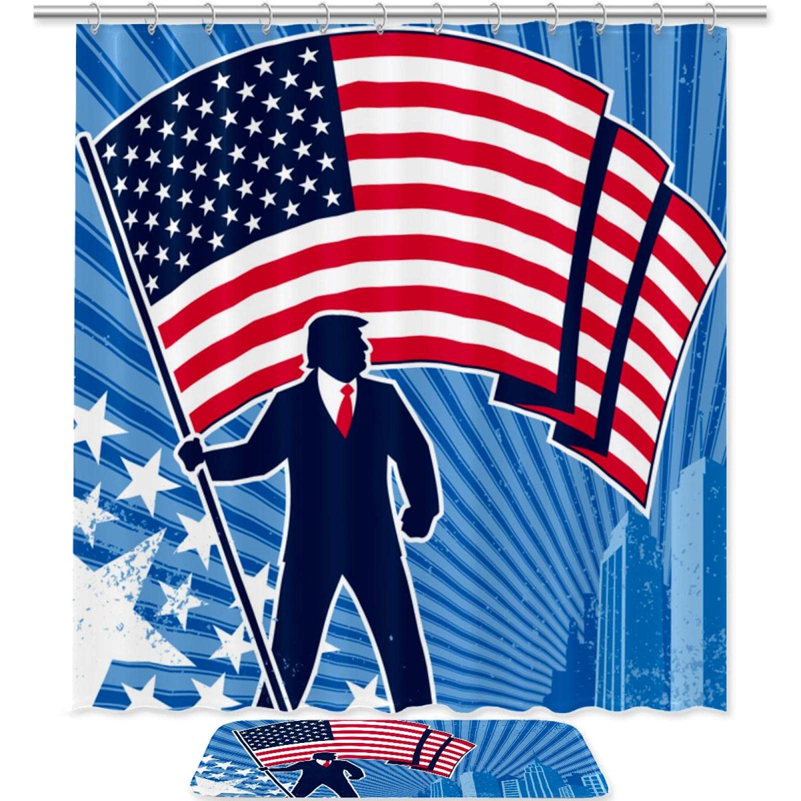 Trump Hold The Flag Shower Curtain Set - 2 Piece Bathroom Decor with Non-Slip Floor Mat & Hooks - Patriotic American Theme for Bathroom, RV, Dorm, or Apartment