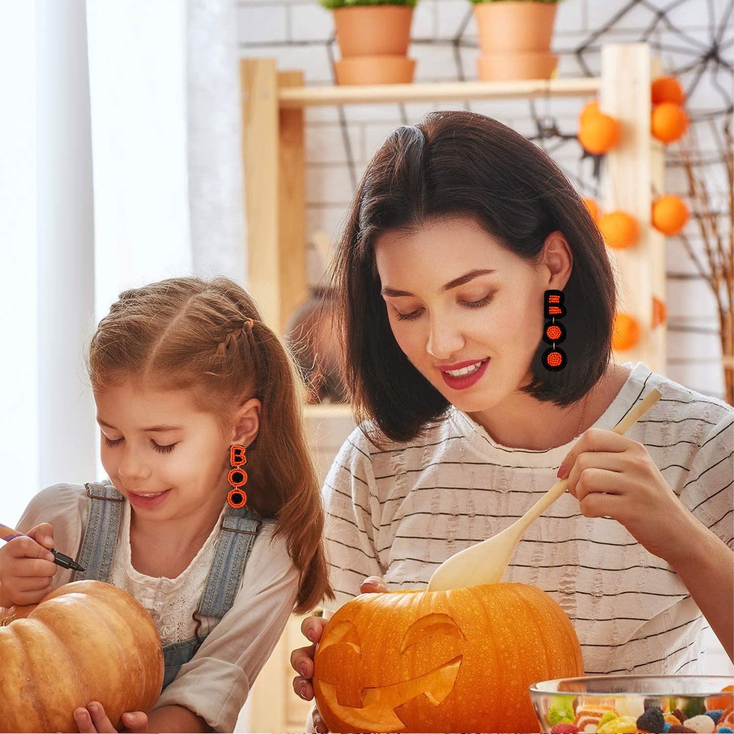 2/3 Pairs Halloween Earrings for Women - Beaded Boo Pumpkin Ghost & Candy Corn Drop Dangle Earrings Set - Cute Halloween Jewelry for Costume Party, Holiday Gifts & Decorations (Perfect for Trick-or-Treat, Halloween Parties & Photo Props)