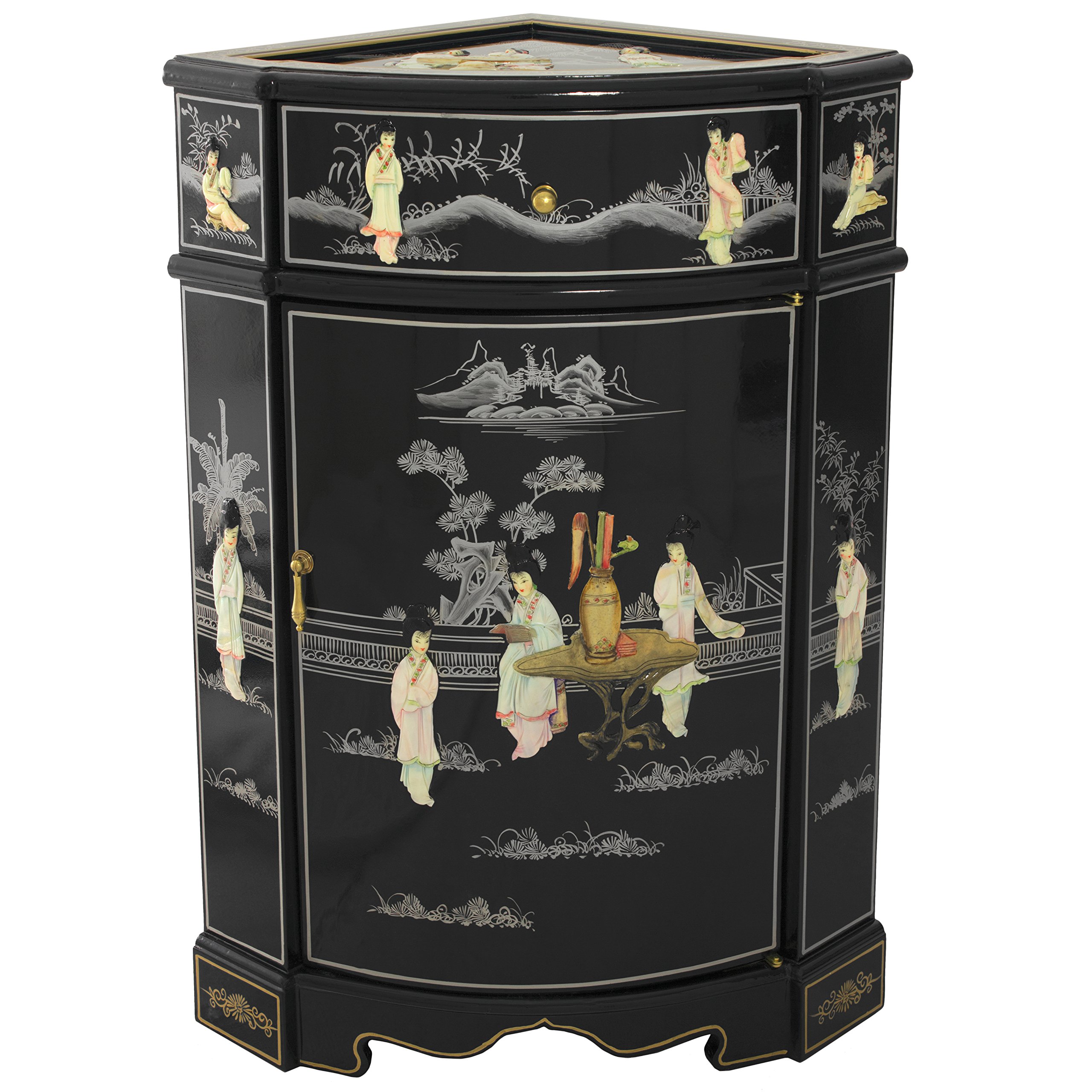 Handmade Red Lantern Artisanal Corner Cabinet - Clear, Red & Black Finish | Perfect for Home Decor, Living Room Accent & Asian-Themed Interior Design