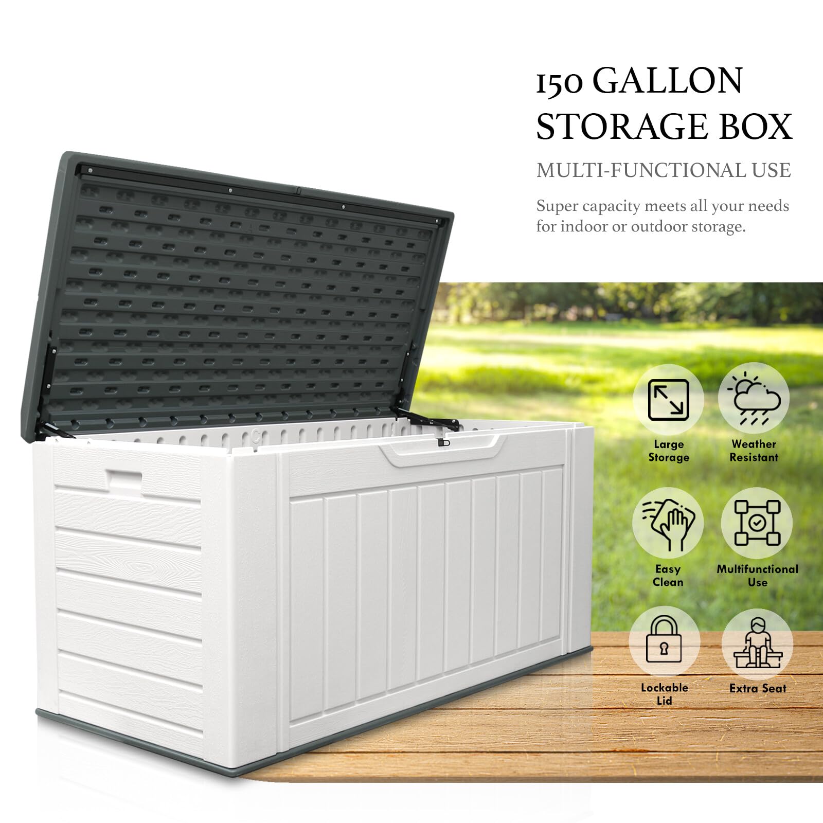 150 Gallon Outdoor Storage Box - Waterproof Resin Deck Box with Lock - Large Patio Storage Container for Furniture, Cushions, Garden Tools & Pool Supplies - White - Perfect for Backyard, Deck & Poolside Organization