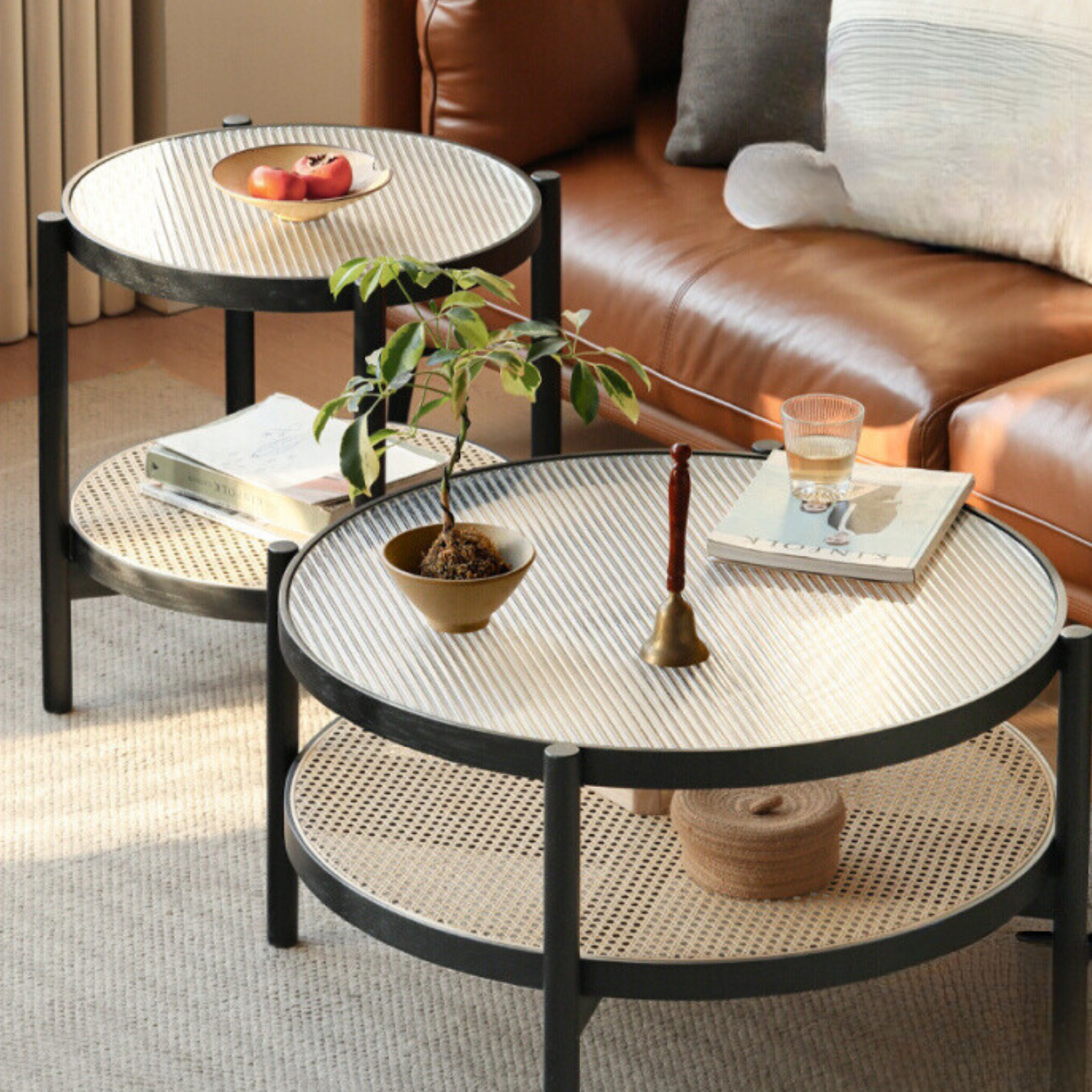 Solid Oak Wood Rattan Black Glass Round Coffee Table - Modern Living Room Centerpiece for Home Decor