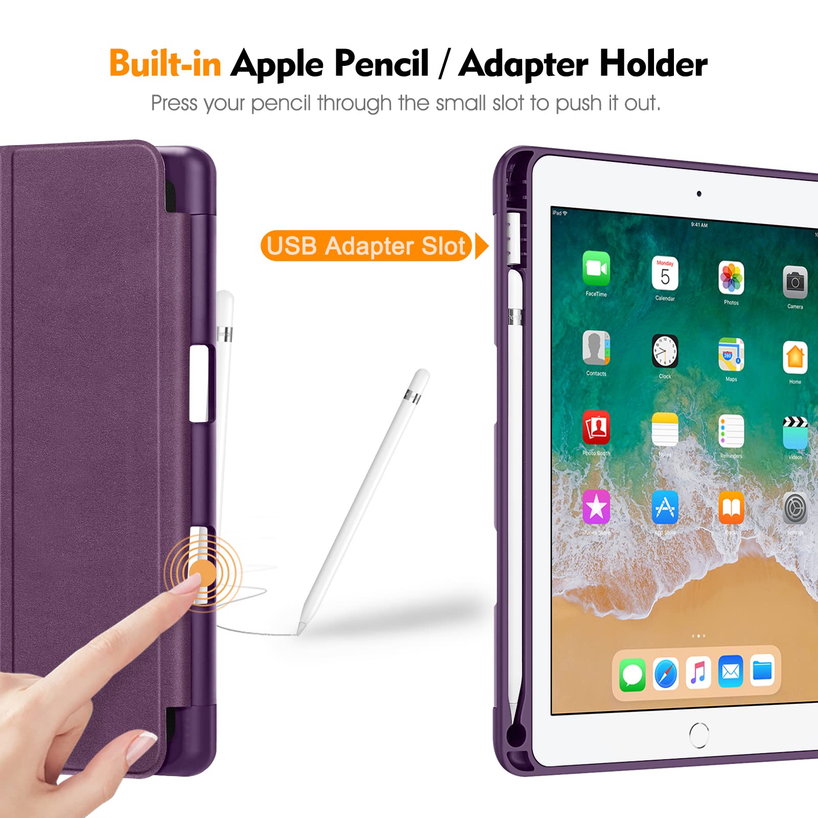 Fintie SlimShell Protective Case for iPad 6th/5th Generation (2018/2017), iPad Air 2/Air 1 (9.7 Inch) - Lightweight TPU Back Cover with Auto Wake/Sleep & Built-in Apple Pencil Holder, Composition Purple - Perfect for Work, School & Travel