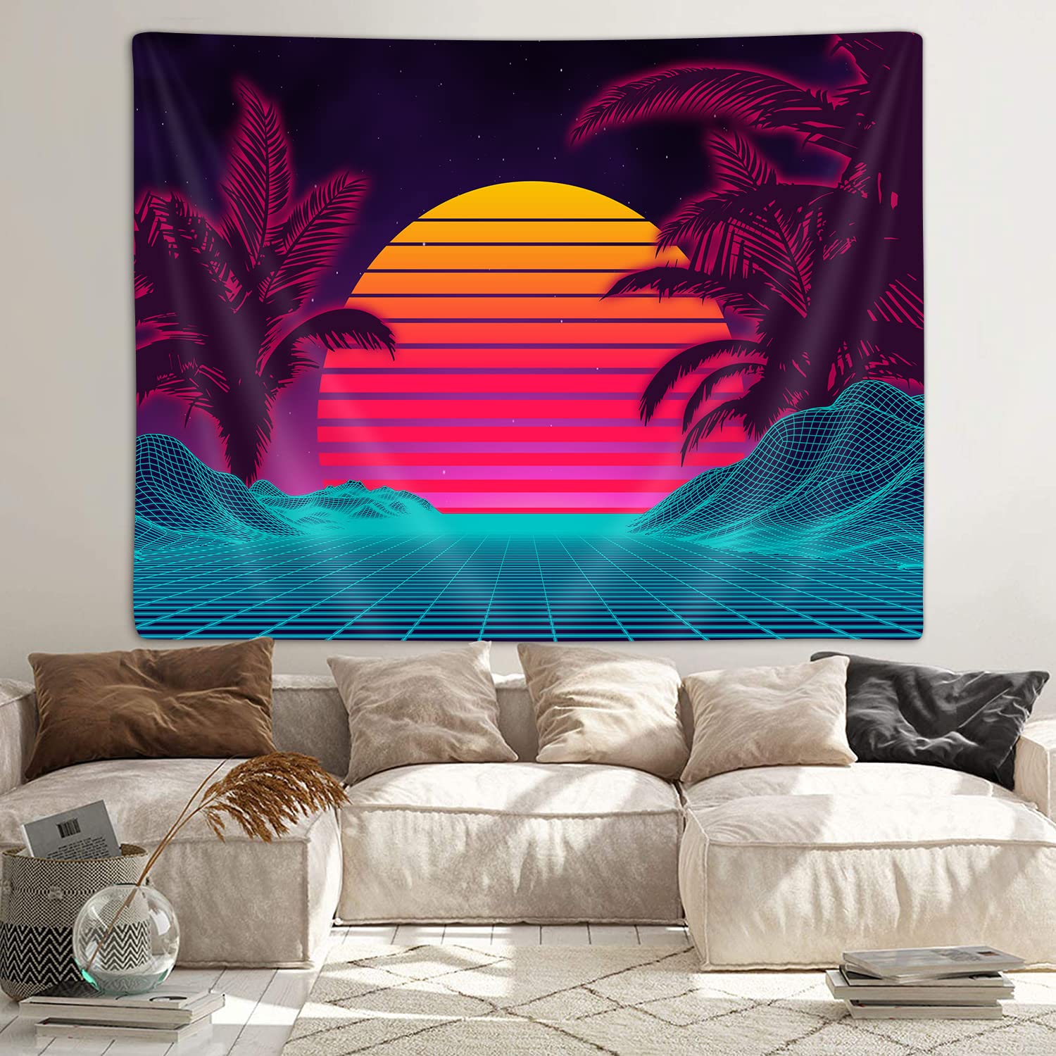 Retro Neon Vaporwave Tapestry Wall Hanging - 60x40 Inch Trippy Mountain Sun Art Decor for Bedroom, Dorm, Living Room & Office - 70s 80s Aesthetic Party Poster Blanket - Perfect for Hippie Boho Room Decor & Music Festival Themed Spaces