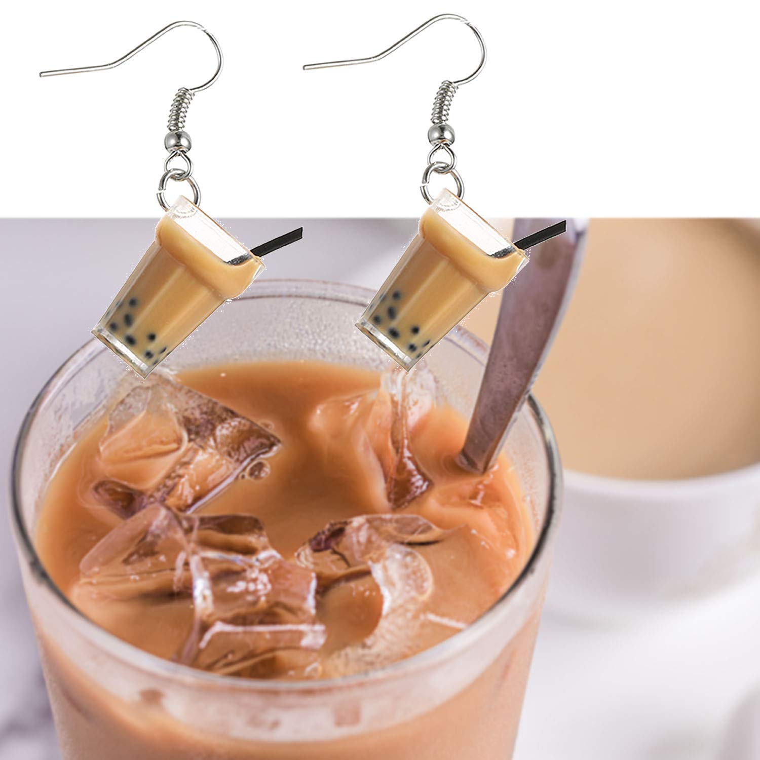 Boba Bubble Resin Pearl Milk Tea Dangle Earrings - Cute Kawaii Jewelry Gift for Women & Girls - Perfect for Tea Parties, Cosplay & Anime Lovers