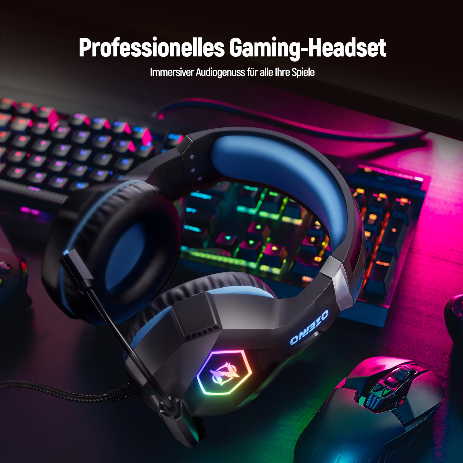 Ozeino Gaming Headset for PS4, PS5, PC - Wired Headphones with Noise Cancelling Mic, 3D Surround Sound & RGB Lights - Perfect for Gaming, Streaming & Online Chat