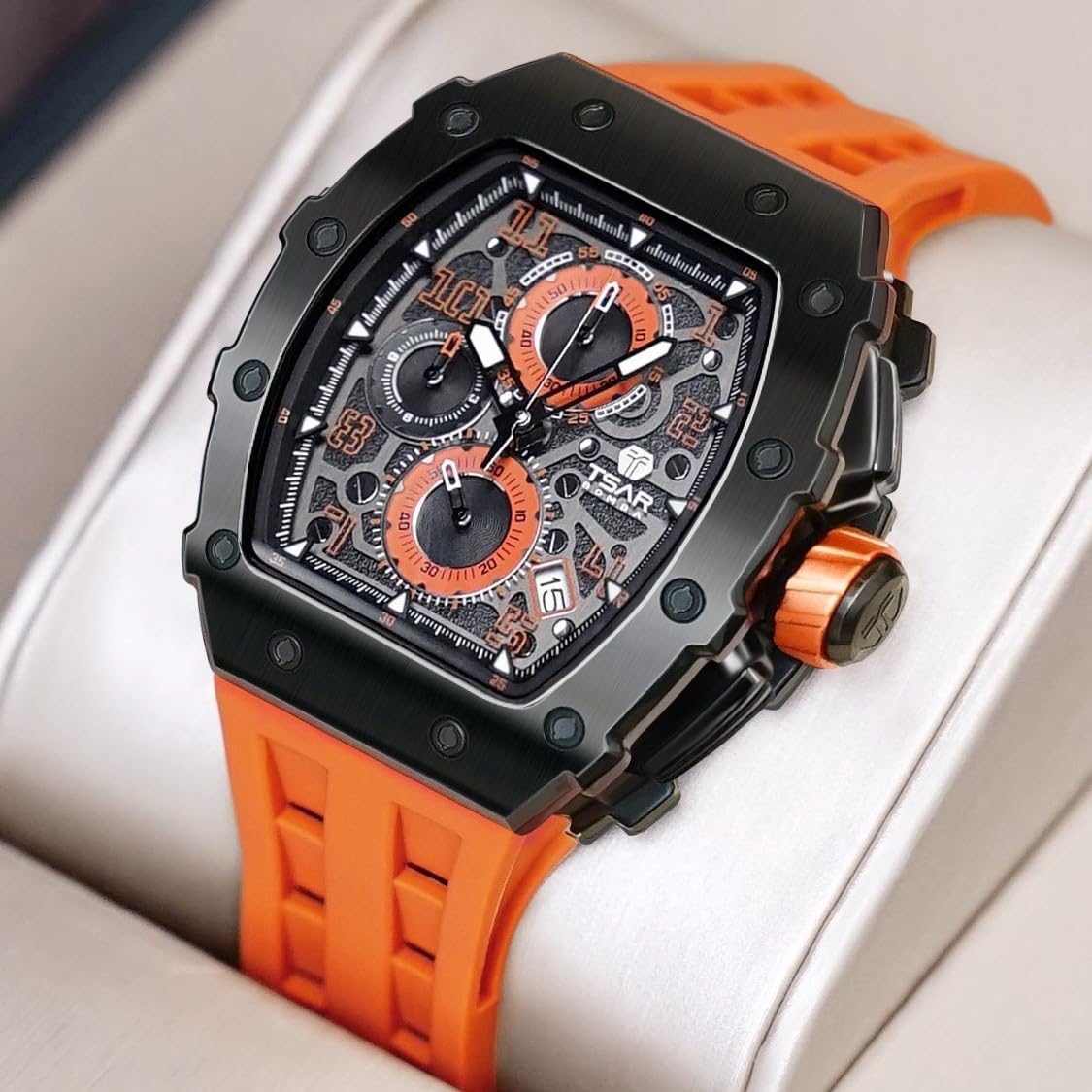 TSAR BOMBA Luxury Men's Watch - 50M Waterproof Tonneau Chronograph with Japanese Quartz Movement & Silicone Band - Perfect for Business, Casual & Outdoor Activities - Ideal Gift for Men