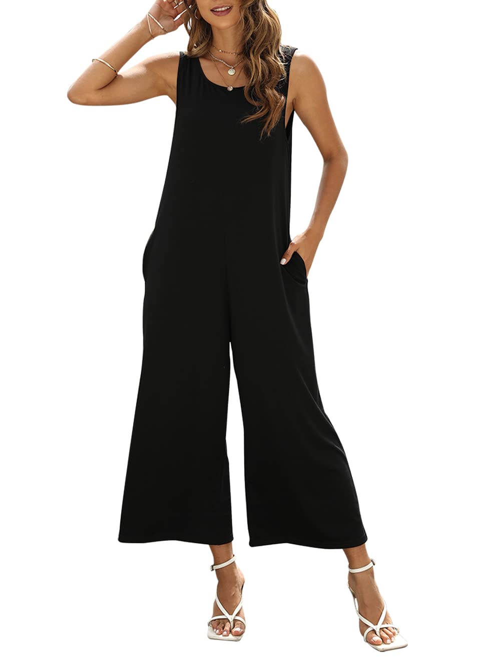 Women's Sleeveless Crewneck Loose Tank Jumpsuit Romper - Summer Casual Outfit with Pockets | Perfect for Beach, Vacation & Everyday Wear