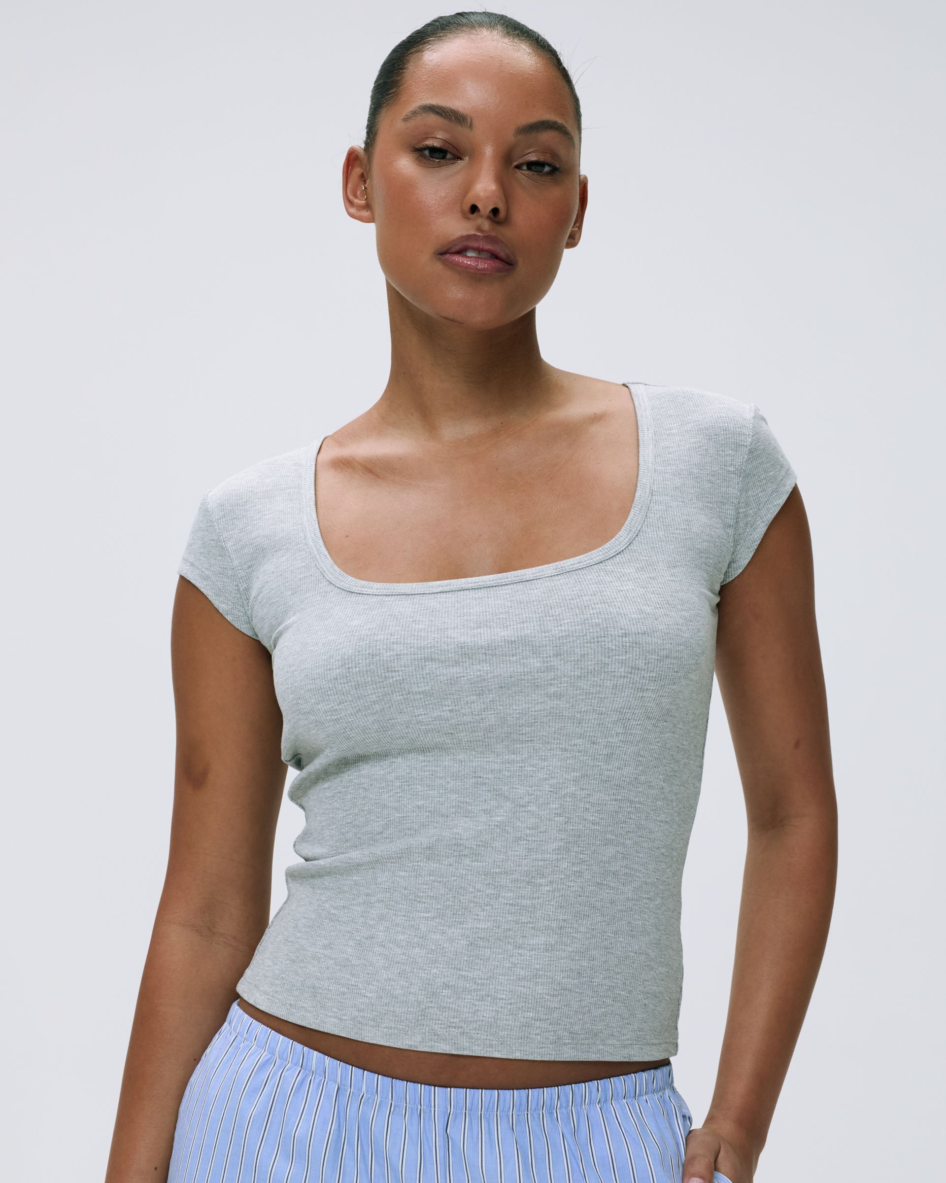 Women's Ribbed Short Sleeve Scoop Neck T-Shirt - Light Grey Melange | Casual Everyday Wear & Layering Essential