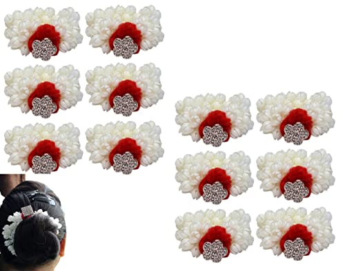 Elegant Artificial Mogra Flower White & Red Gajra Hair Accessories for Women & Girls - 12-Piece Set for Weddings, Parties & Special Occasions