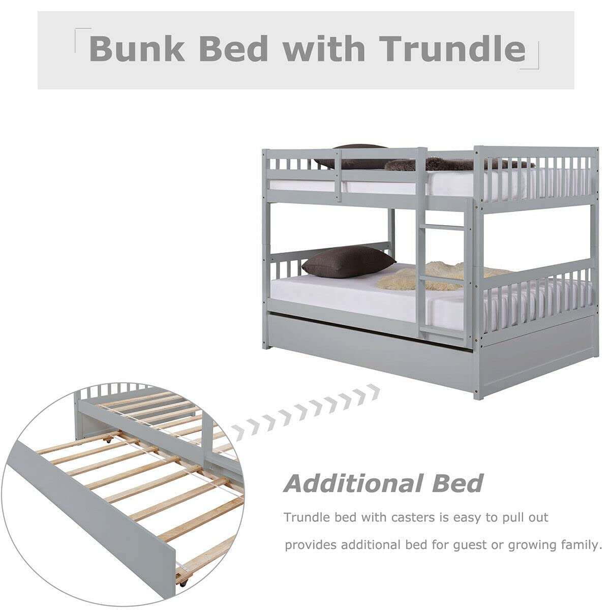 Full Over Full Bunk Bed with Trundle - Converts to 2 Full Size Platform Beds - Sturdy Ladder & Safety Rails for Teens & Adults - Modern Grey Finish - Perfect for Small Spaces, Guest Rooms & Dormitories
