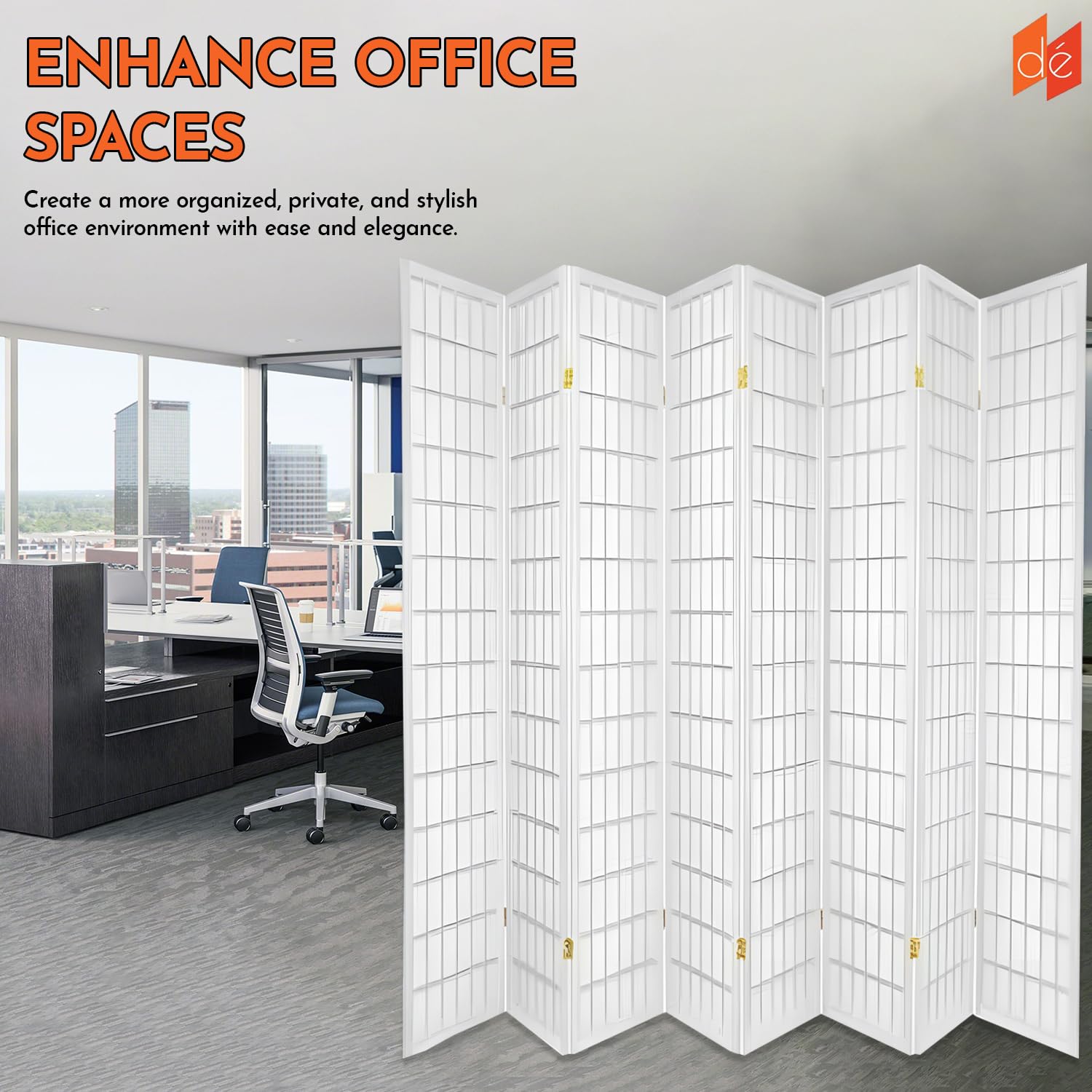 Legacy Decor 8-Panel Room Divider - 6ft Tall Portable Foldable Freestanding Privacy Screen - Shoji Style Dressing Screen for Home Office & Studio - White Temporary Wall Partition - Perfect for Creating Private Spaces in Bedrooms, Living Rooms & Workspaces
