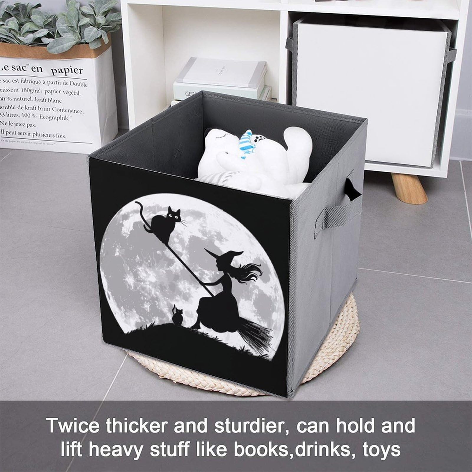 Flying Witch on Broomstick Halloween Storage Bins - 2-Pack Foldable Storage Cubes with Handles for Home Organization | Perfect for Closet, Bathroom & Toy Storage (Black Cat & Full Moon Design)