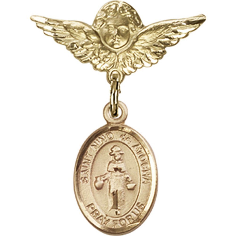 St. Nino de Atocha Gold Filled Baby Badge Pin with Angel Wings Charm - 1 x 3/4 Inch Religious Jewelry for Baptism, First Communion & Baby Blessing Gifts