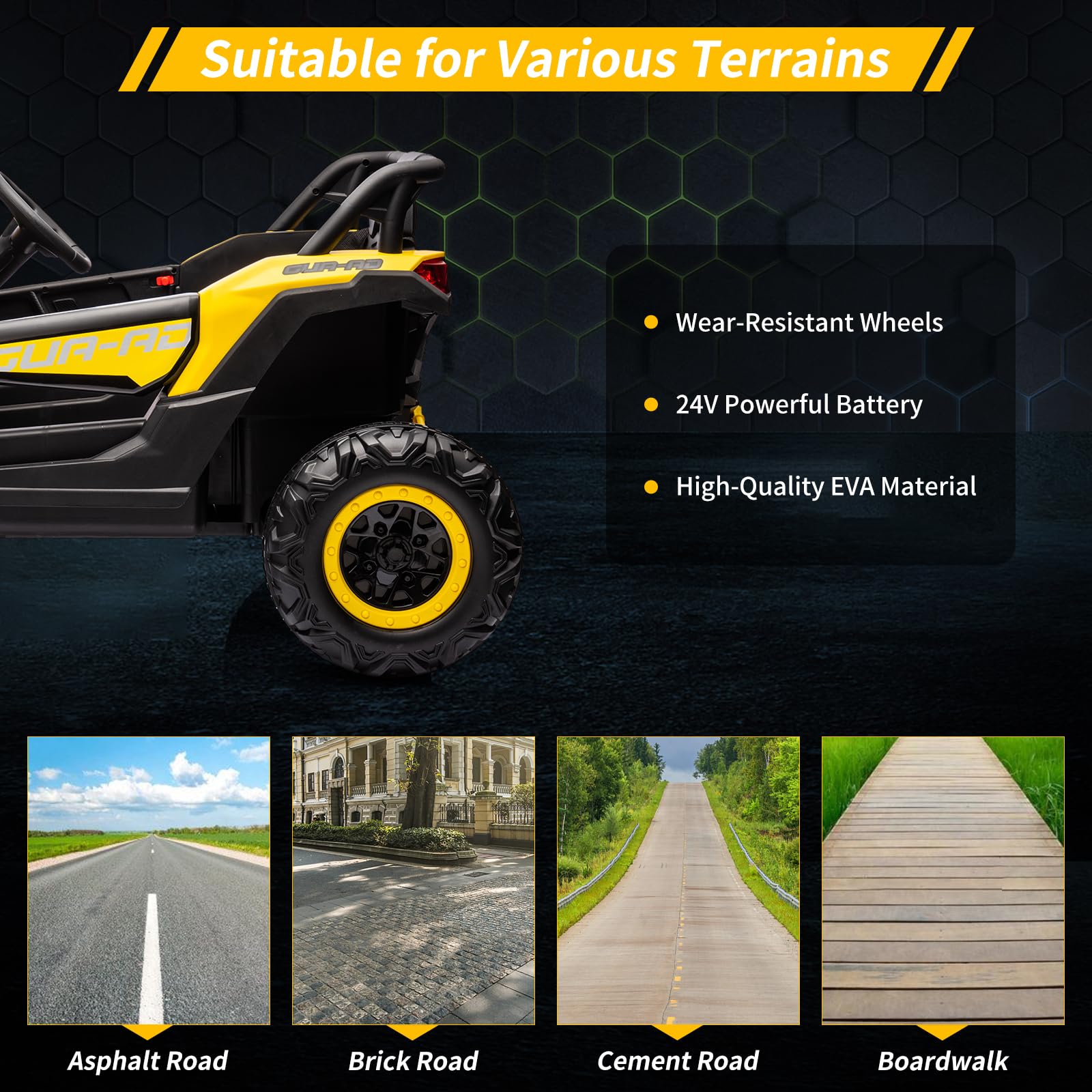 GARVEE 24V Kids Electric Ride On UTV Car with Remote Control - 200W Motor, Spring Suspension, LED Lights & Music - Yellow Off-Road Toy for Boys & Girls Ages 3-8 - Perfect for Backyard, Park & Indoor Play